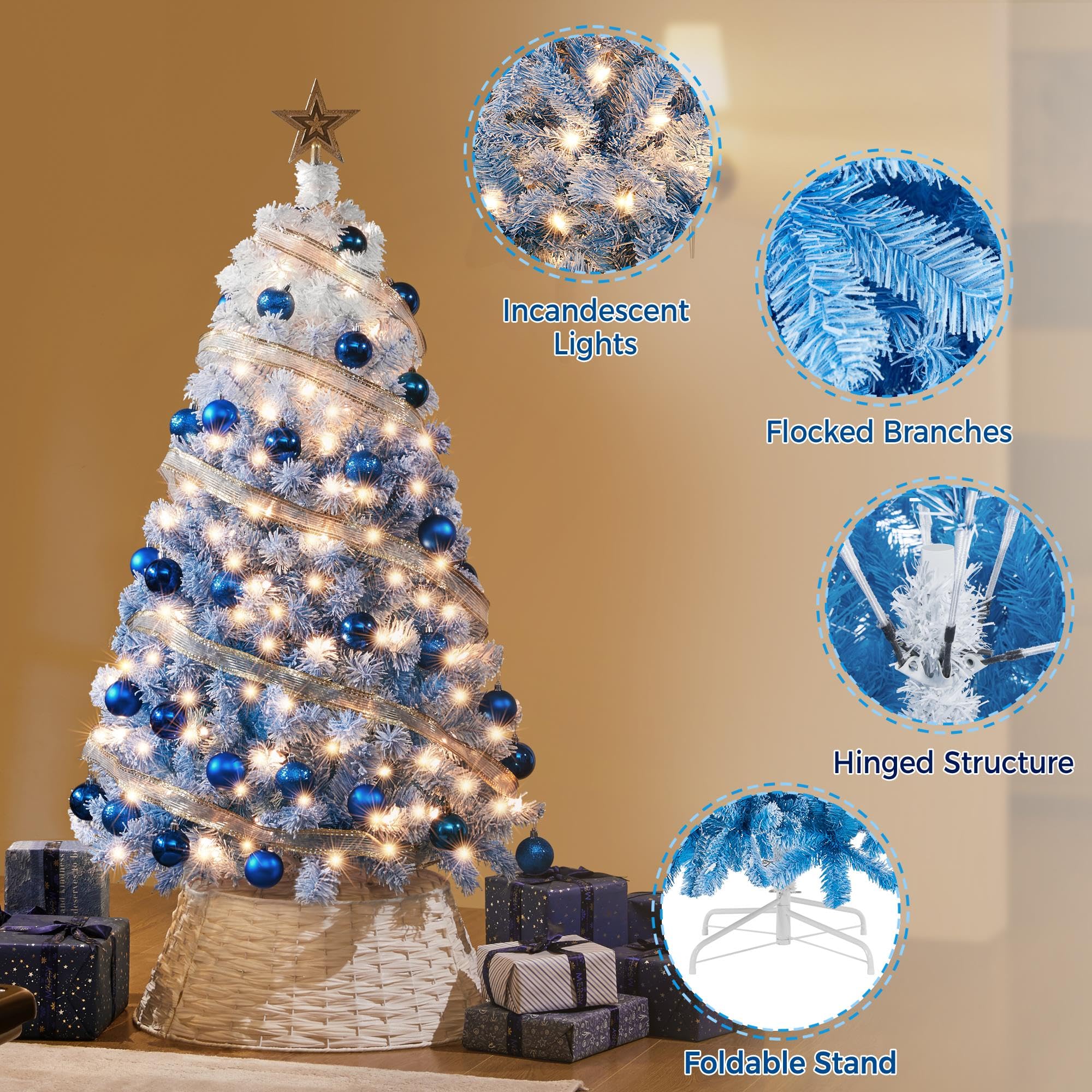 Yaheetech 4.5ft Pre-lit Artificial Christmas Tree W/Incandescent Warm White Lights, Flocked Full Prelighted Xmas Tree with 340 B