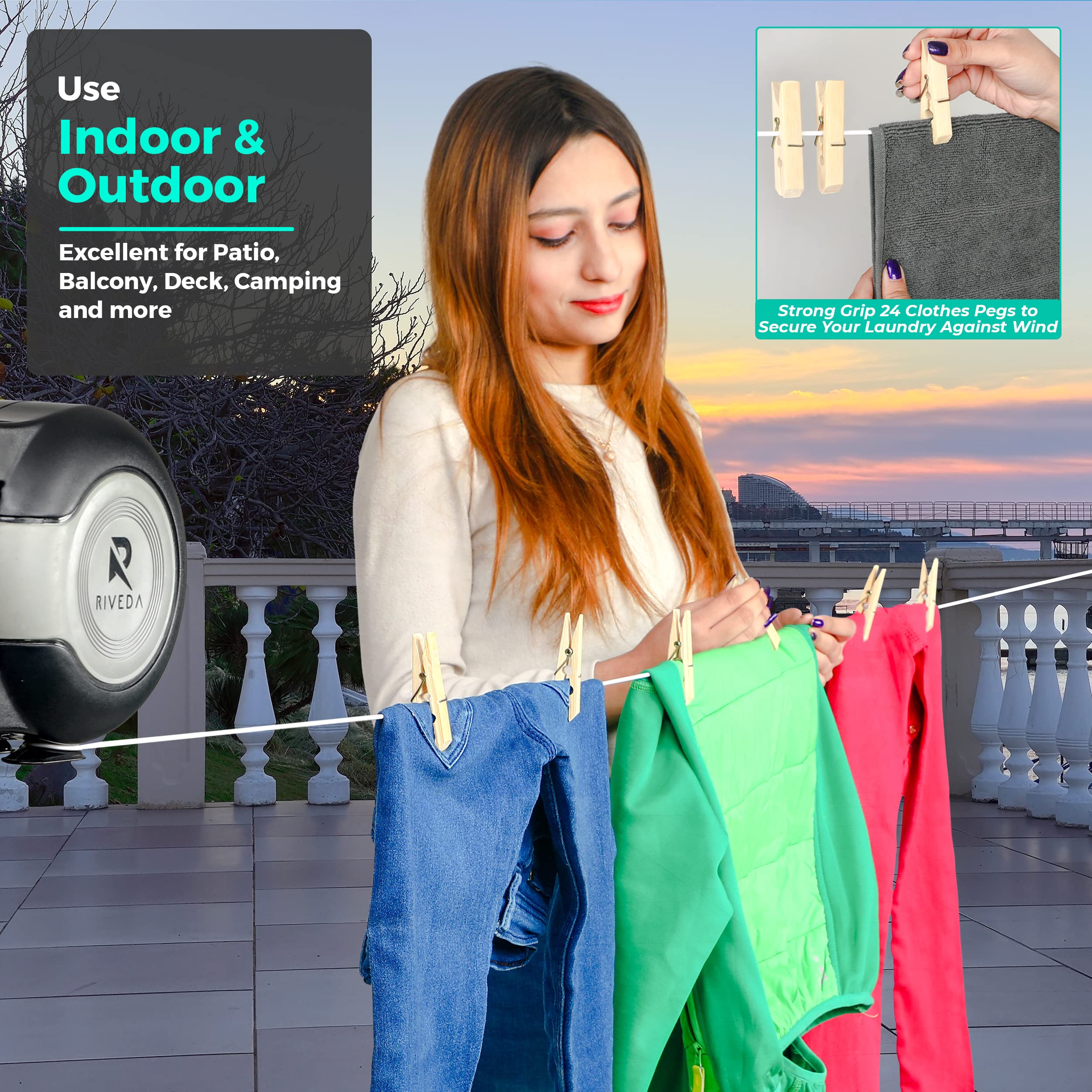 Riveda Retractable Double Clothesline With 24 Clothes Pins - Heavy Duty Clothes Line Indoor & Outdoor Laundry Line - (2 X 50 Fee
