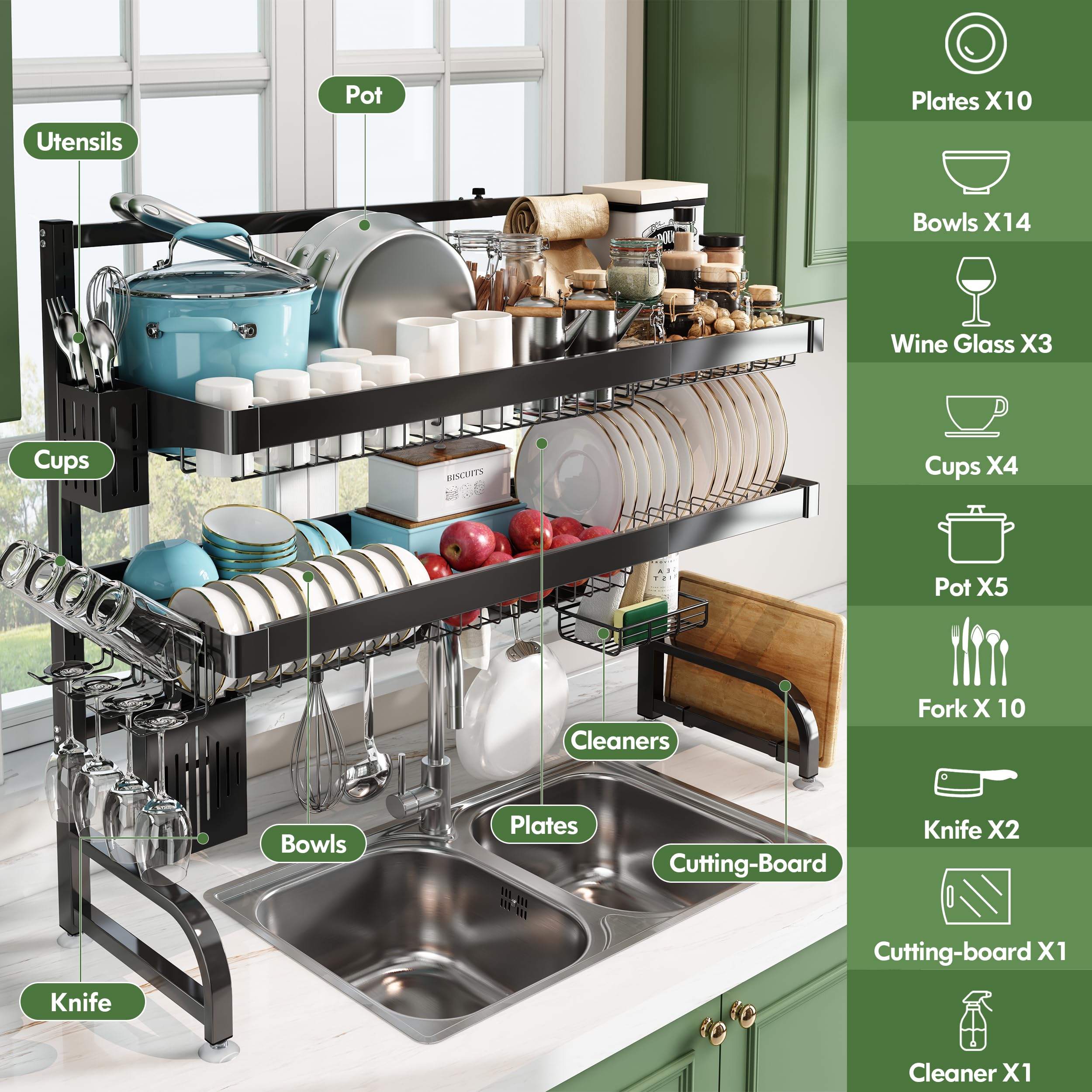 Boosiny Over The Sink Dish Drying Rack, Full 304 Stainless Steel Above Sink Dish Drainer For Kitchen Shelf, Expandable Over The