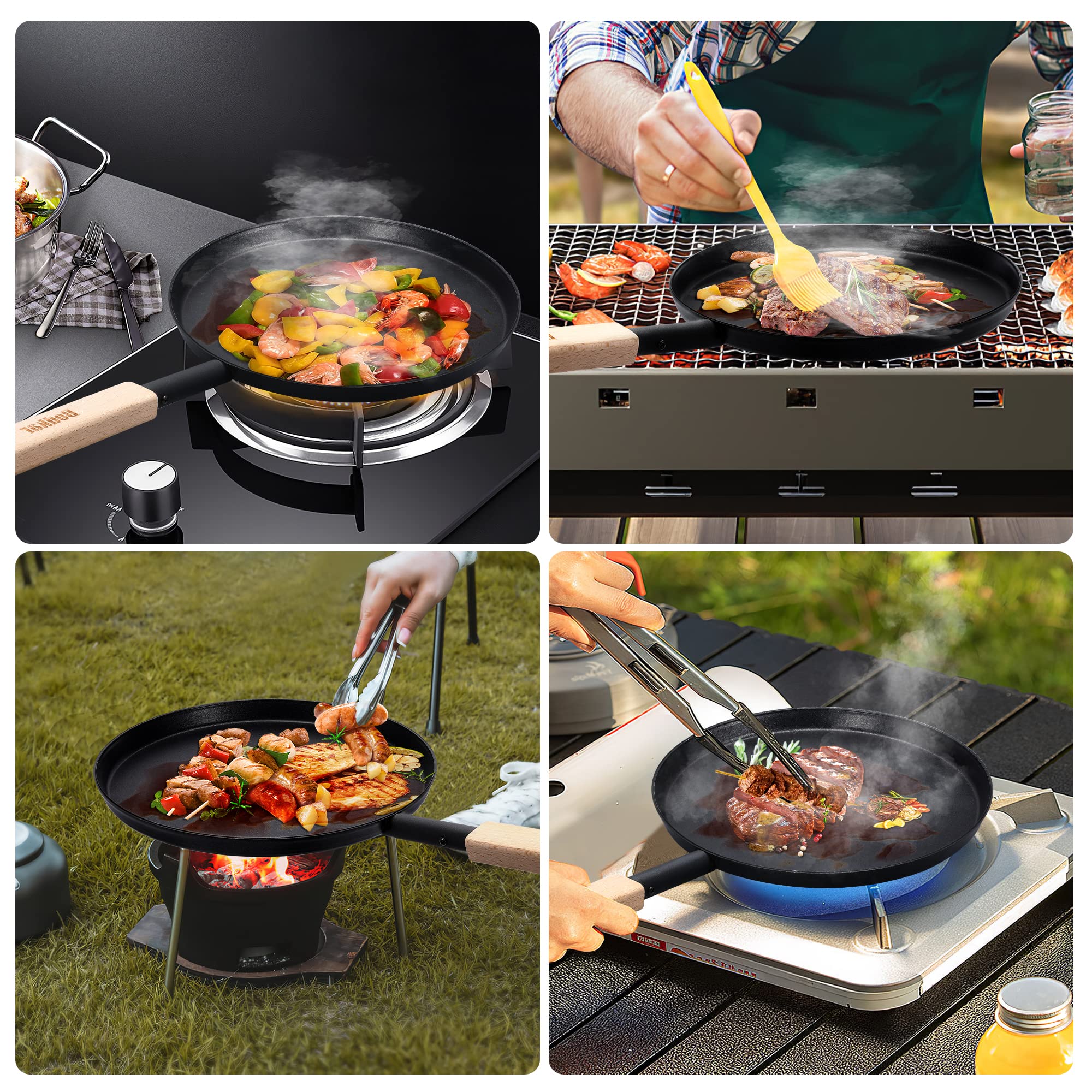 Bodkar Frying Pan Skillet 8-Inch Flat Crepe Pan, Lightweight Grill Pan With Wooden Handle For Camping Indoor Outdoor Cooking