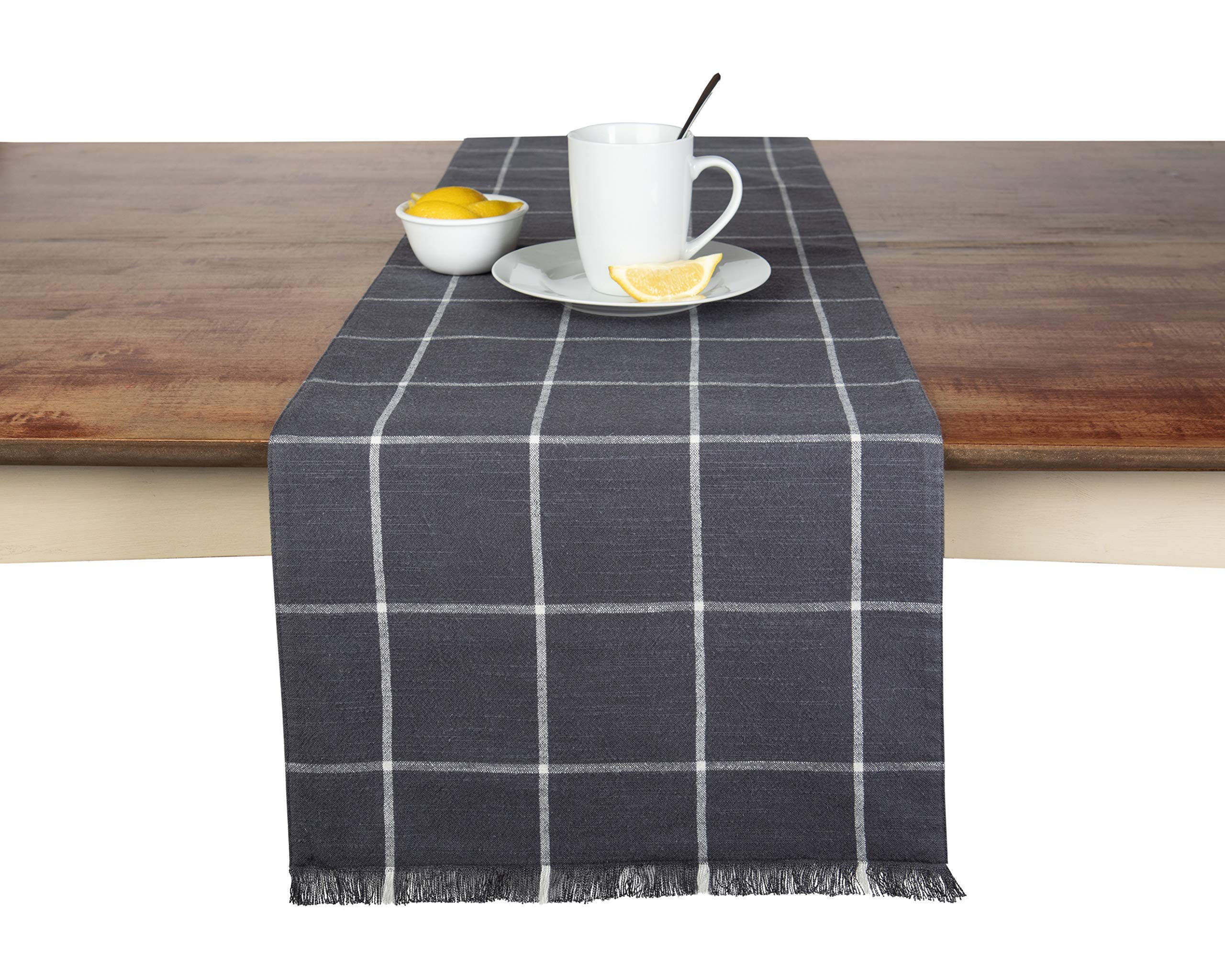 Sticky Toffee Table Runner Cotton Farmhouse Plaid 14 In X 72 In, Table D   Cor For Kitchen Or Dining, Gray Cloth Woven Table Run