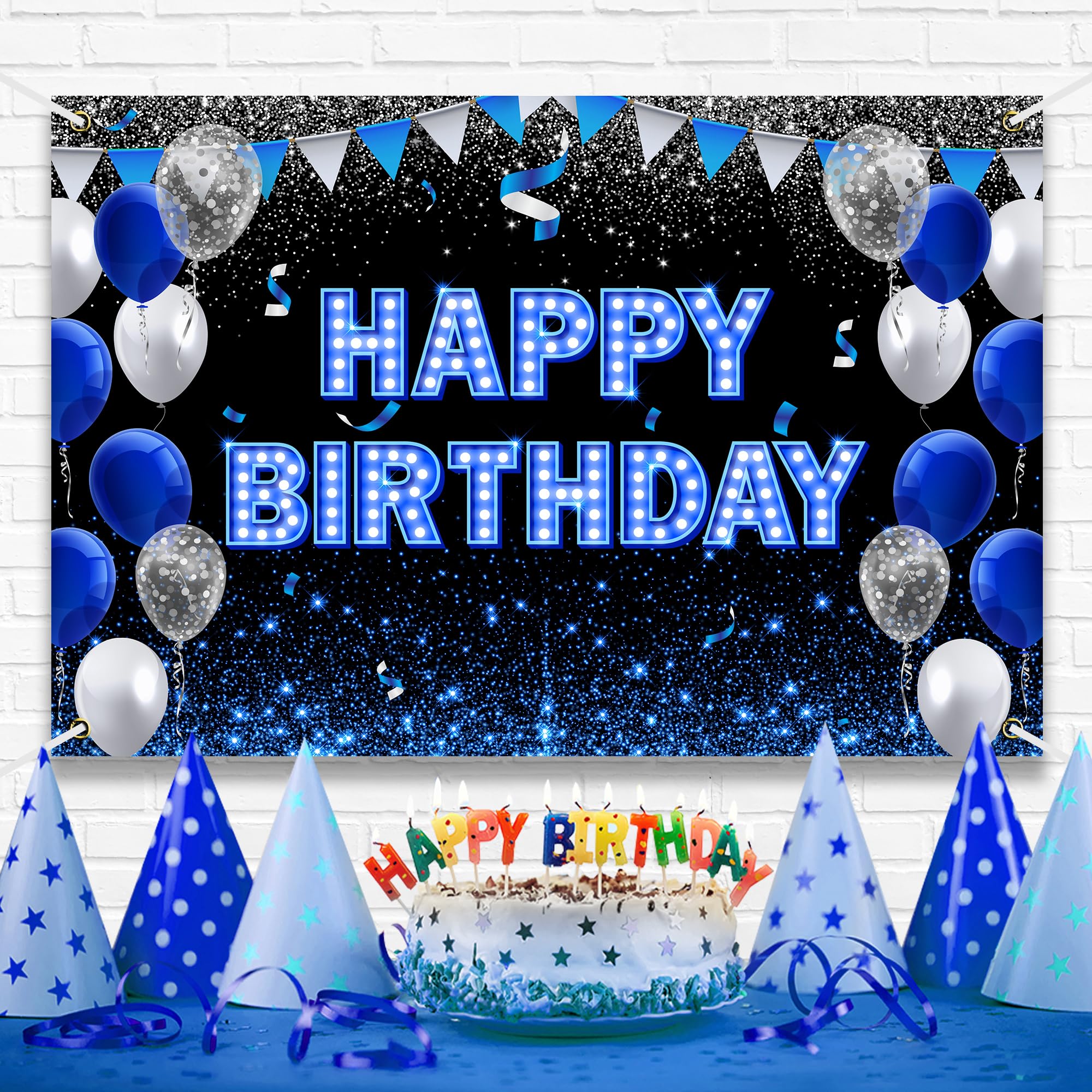 Happy Birthday Backdrop Banner Blue Black Theme Background With Neon Light Shiny Fashion Birthday Party Photo Photography Prop B