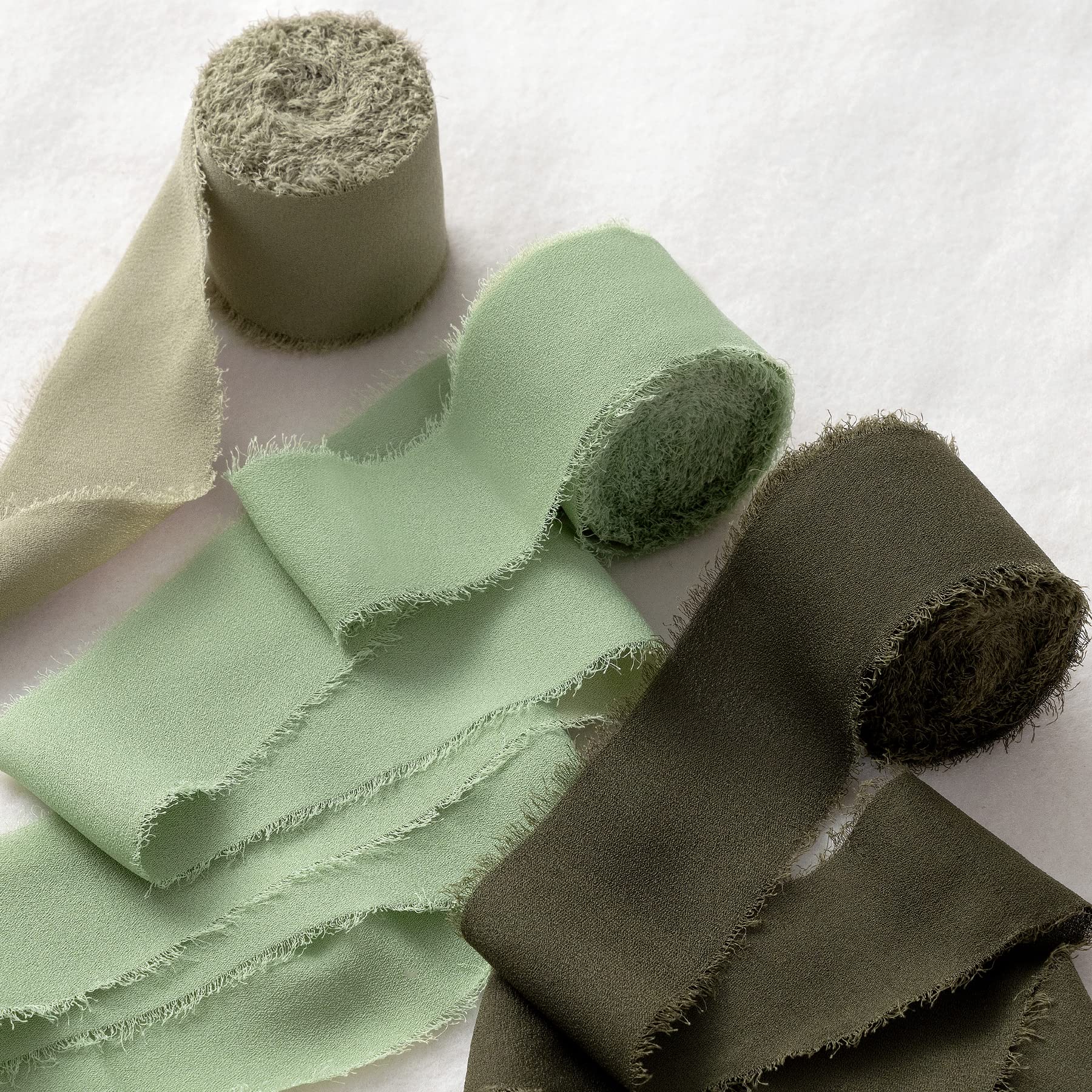 Jedia Chiffon Ribbon, 3 Rolls Sage Green Handmade Fringe Chiffon Silk Ribbons, 15 X 7Yd Ribbon Set For Gift Wrapping, Wedding In