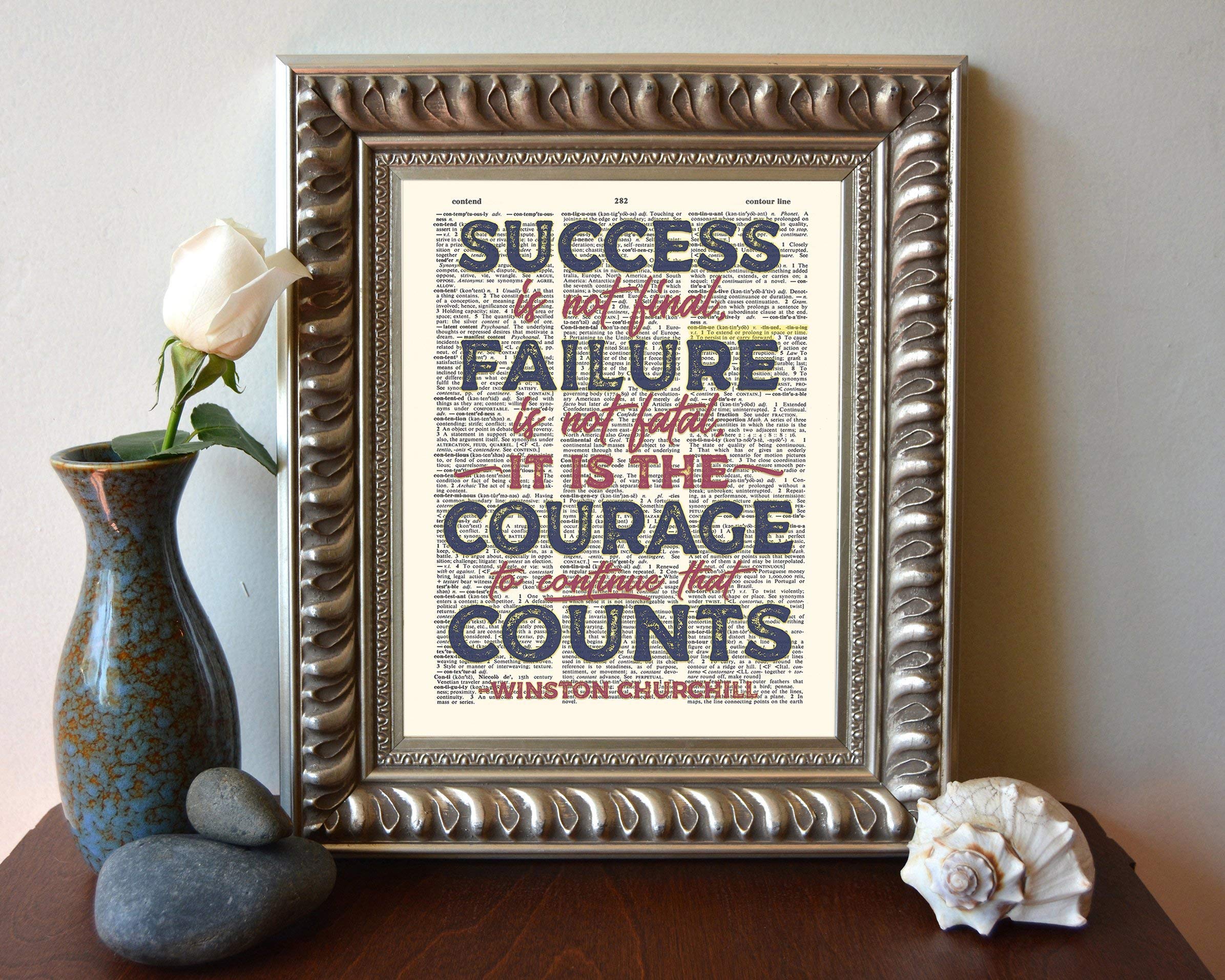 Success Is Not Final, Failure Is Not Fatal, Winston Churchill Quote Art Print, Unframed, Vintage Highlighted Dictionary Page Flo