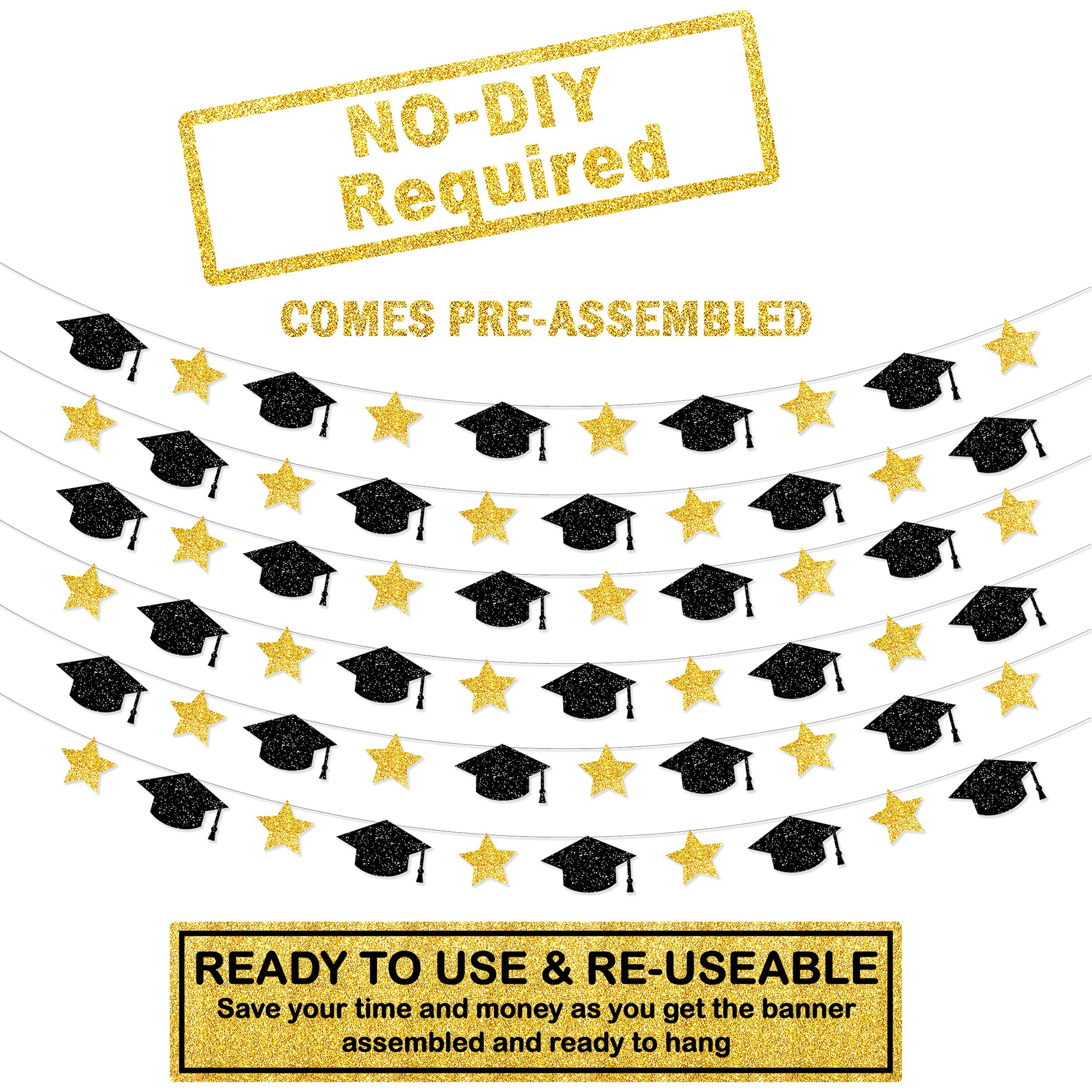 Katchon, Graduation Cap Garland - 10 Feet, No Diy | Graduation Garland Class Of 2024, Black And Gold Graduation Party Decoration