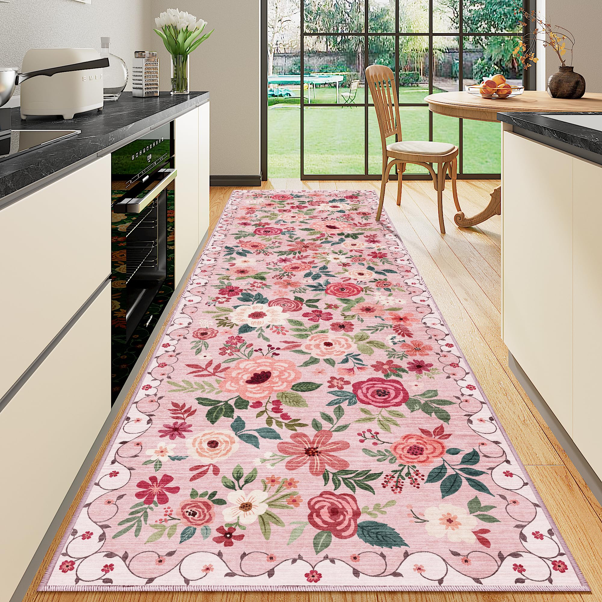 DUKINO 3x10 Runner Rug for Hallway, Washable Kitchen Floral Runner Rug with Non Slip Backing, Low Pile Soft Boho Carpet for Kitc