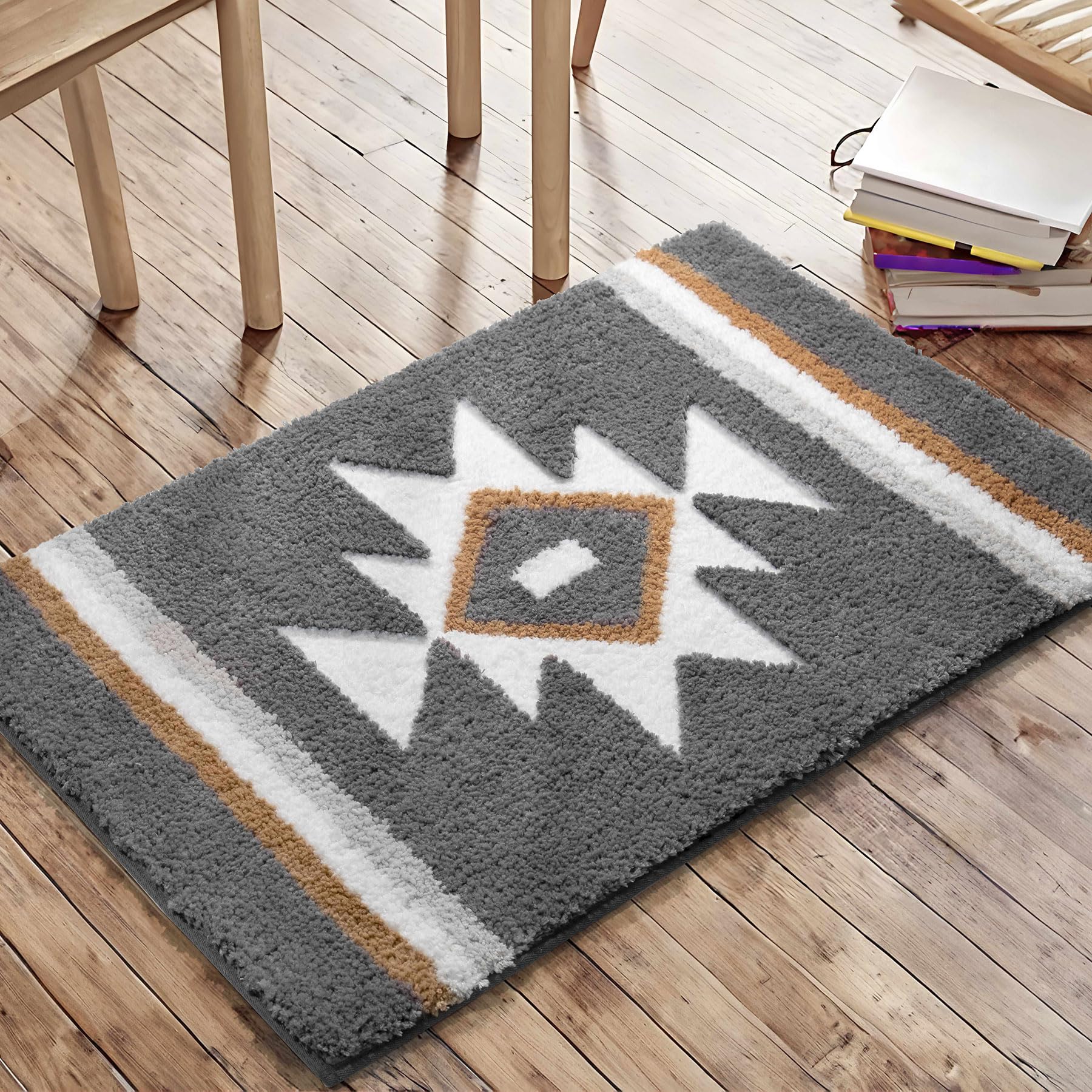 Tanvill Grey Bathroom Rugs Boho Bath Mat Non Slip, Soft Absorbent Bath Rug Microfiber Washable Floor Mat For Bathroom Shower Tub