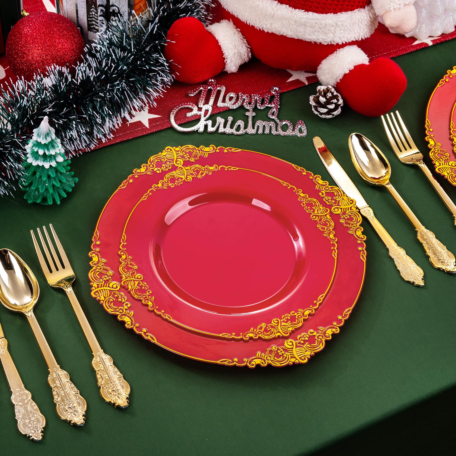Joyido 102Pcs Red And Gold Plastic Plates - Red Plates Disposable - Red Plastic Plates With Gold Rim Include 51Pcs Dessert Plate