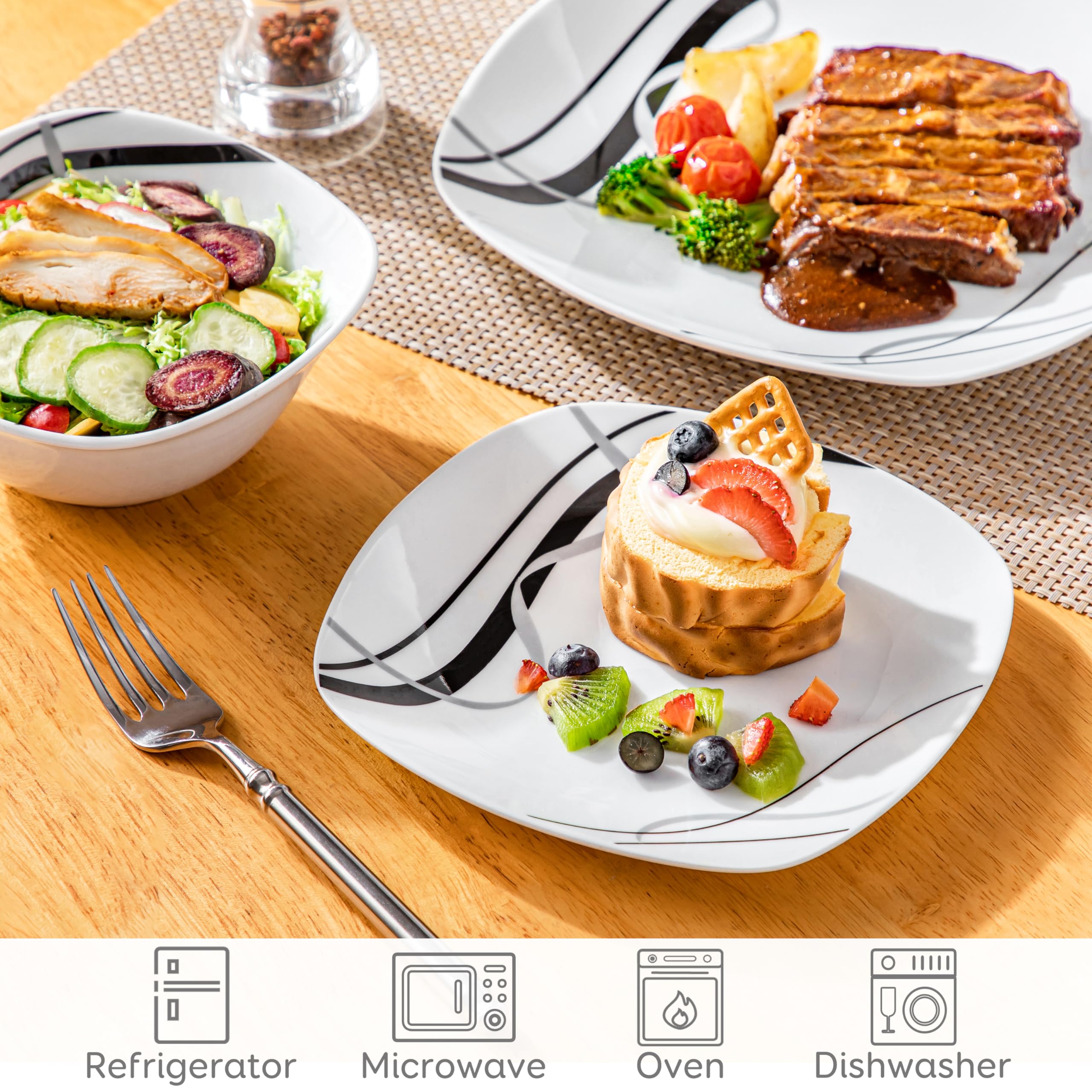 VEWEET Plates and Bowls Sets, Porcelain Dinnerware Sets for 4, 12 PCS Dish Set Including Dinner Plates, Dessert Plates and Cerea