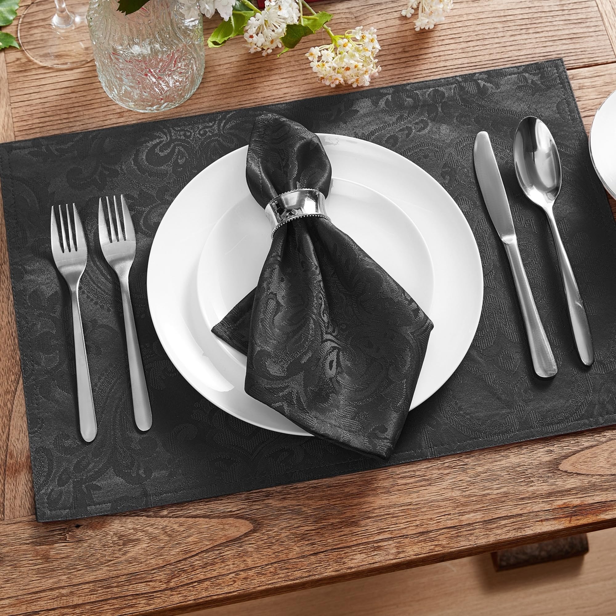 Elrene Home Fashions Caiden Elegance Damask Fabric Napkins (Set Of 4), 17'' X 17'', Black 4 Count