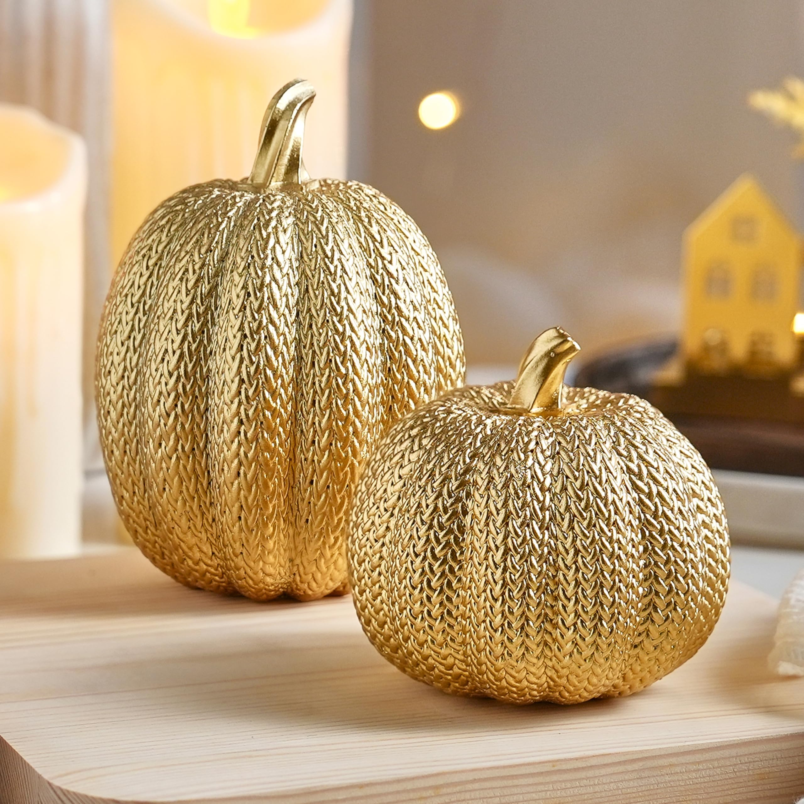 FESTGLOX Pumpkin Fall Decor Indoor - Gold Pumpkin for Decorating, 2Pcs Resin Pumpkins Decor with Woven Effect, Thanksgiving Tabl