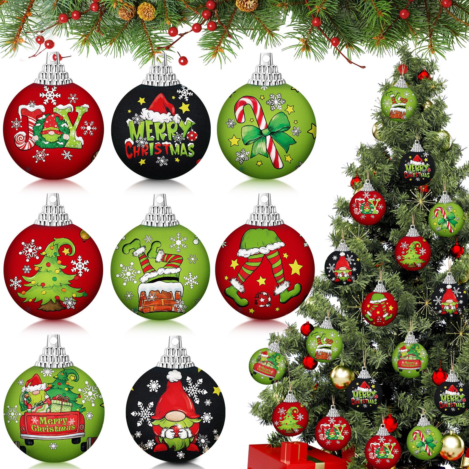 Outus 16 Pcs Christmas Ball Ornaments for Tree Red and Green Merry Christmas Hanging Ornaments Xmas Elf Balls for Tree Decoratio