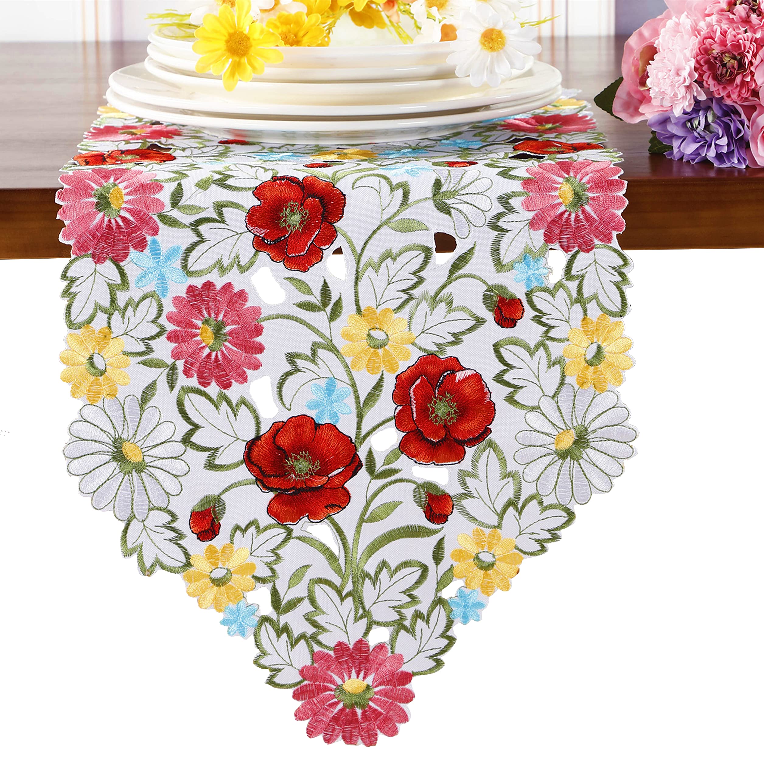 Spring Flower Table Runner Embroidered Flowery Table Placemats Floral Cutwork Table Doily Home Kitchen Dining Spring/Summer Tabl