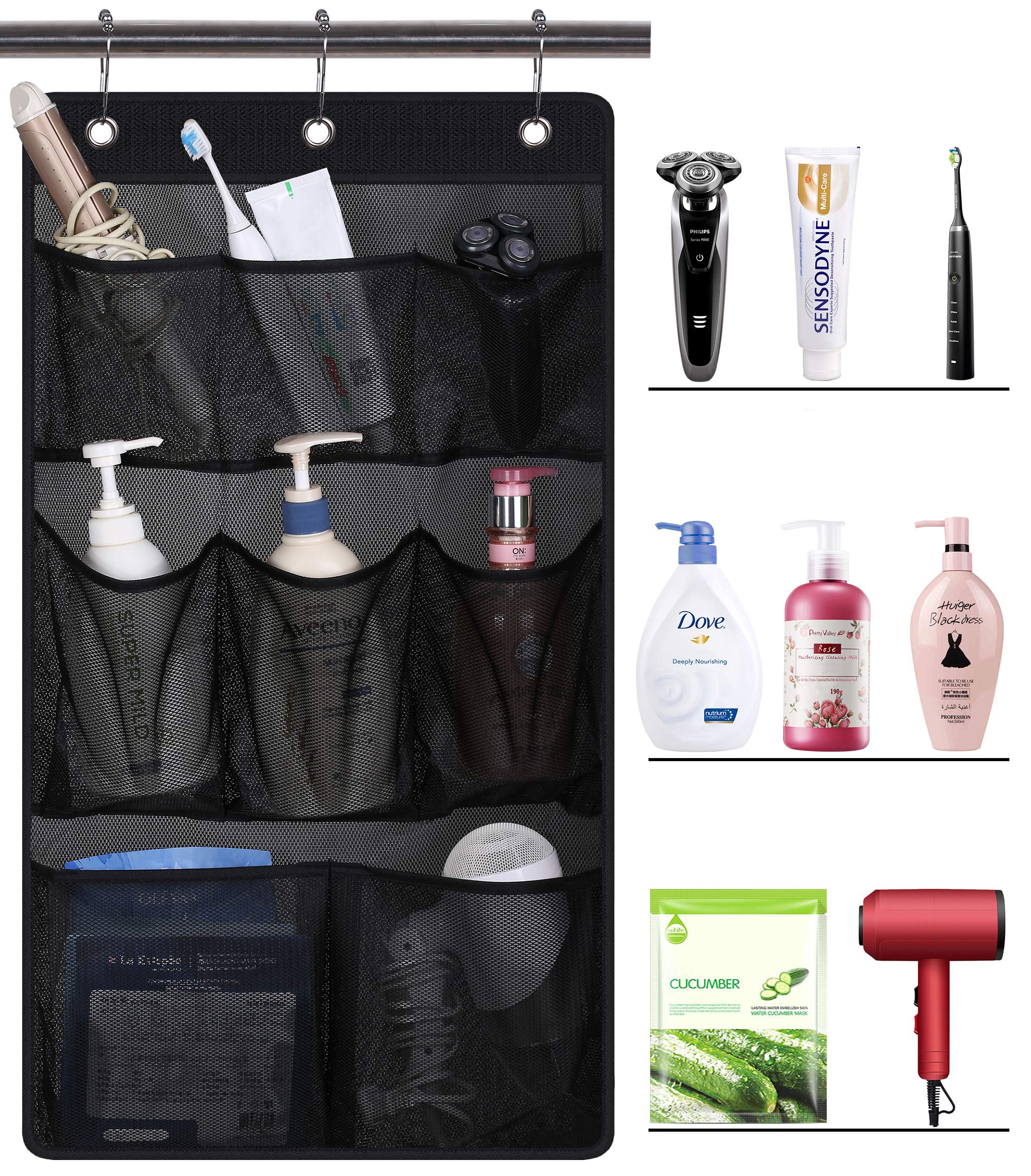 Kimbora Mesh Shower Caddy Hanging Bathroom Organizer Storage With 2 Large Pockets 3 Rings Hang Curtain Rod For Dorm Cruise Rv, B