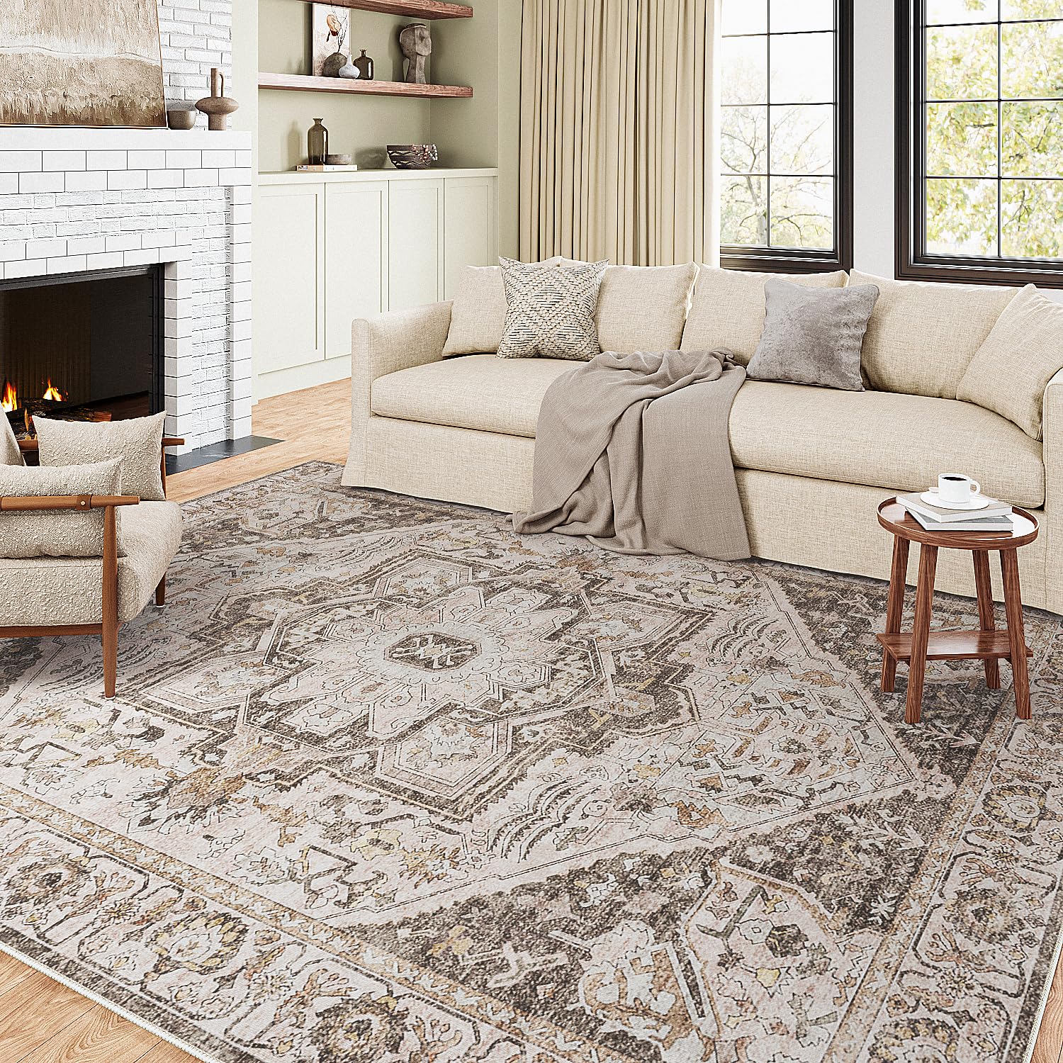 PureCozy Vintage Area Rug 6x9 Bedroom Rug Brown Indoor Washable Living Room Carpet Tribal Distressed Rug Retro Accent Throw Rug 