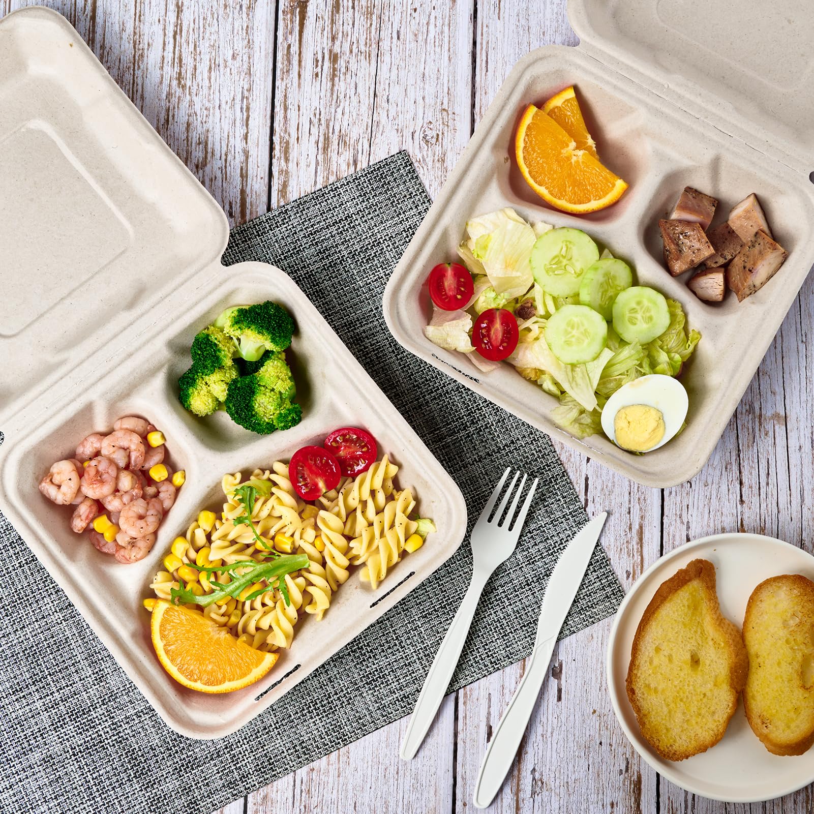 ECOLipak 50 Pack Clamshell Take Out Food Containers  100% Compostable Disposable To Go Containers  8X8 3-Compartment Heavy-Duty To Go Boxes Eco-Friendly Biodegradable To Go Containers For Food