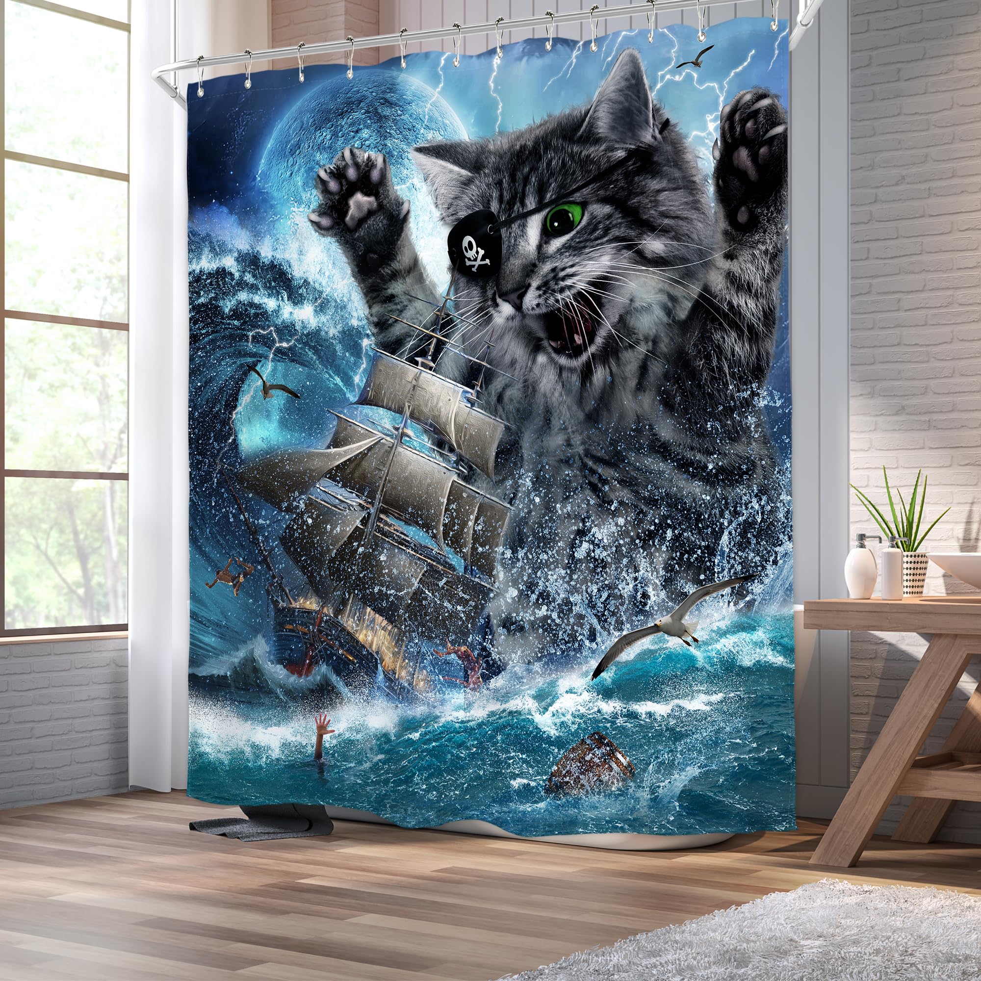 Homewelle Funny Cat Shower Curtain Pirate Ship Sea Ocean Waves Nautical Sailboat Moon Cool Animal Beach Seagull Cute For Kids Bo