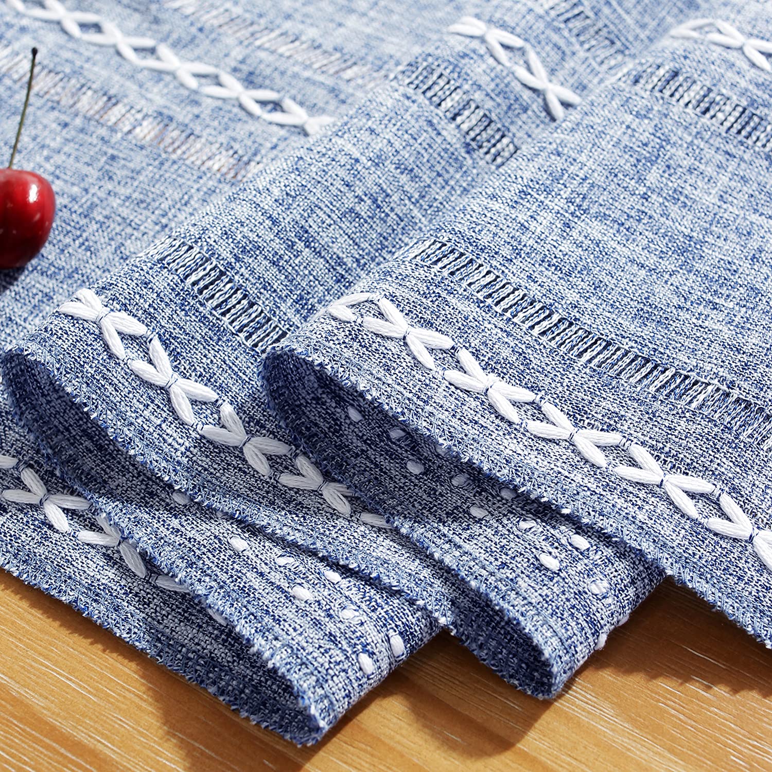 Rustic Farmhouse Style Linen Table Runner, Boho Handmade Tassel Hemstitched Embroidered Table Runners 60 Inches Long For Holiday