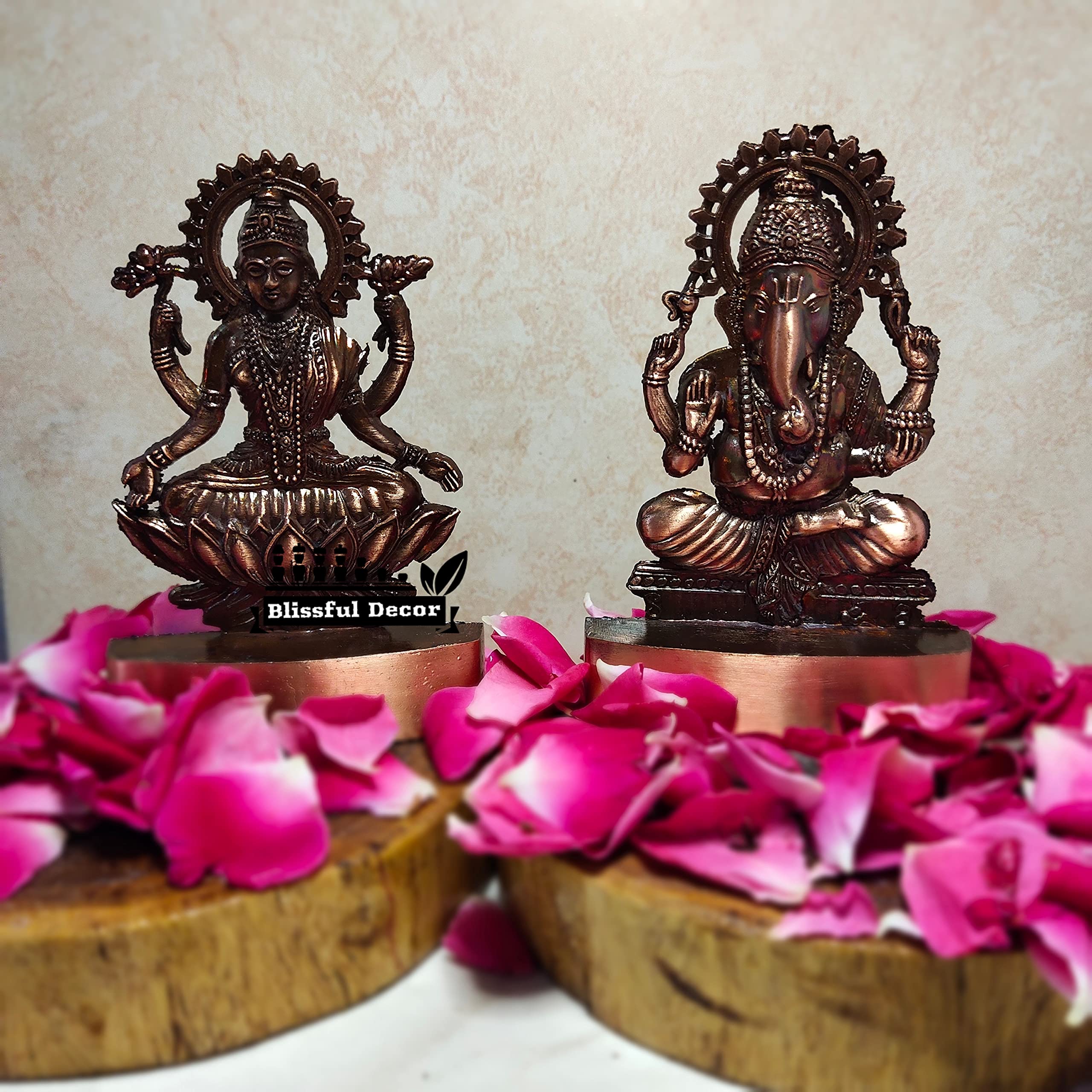 Blissful Decor Amishi Handicraft Metal Laxmi Ganesha Copper Antique Finish Pujan Set Auspicious Indian Art Statues Luxmi Ganesh