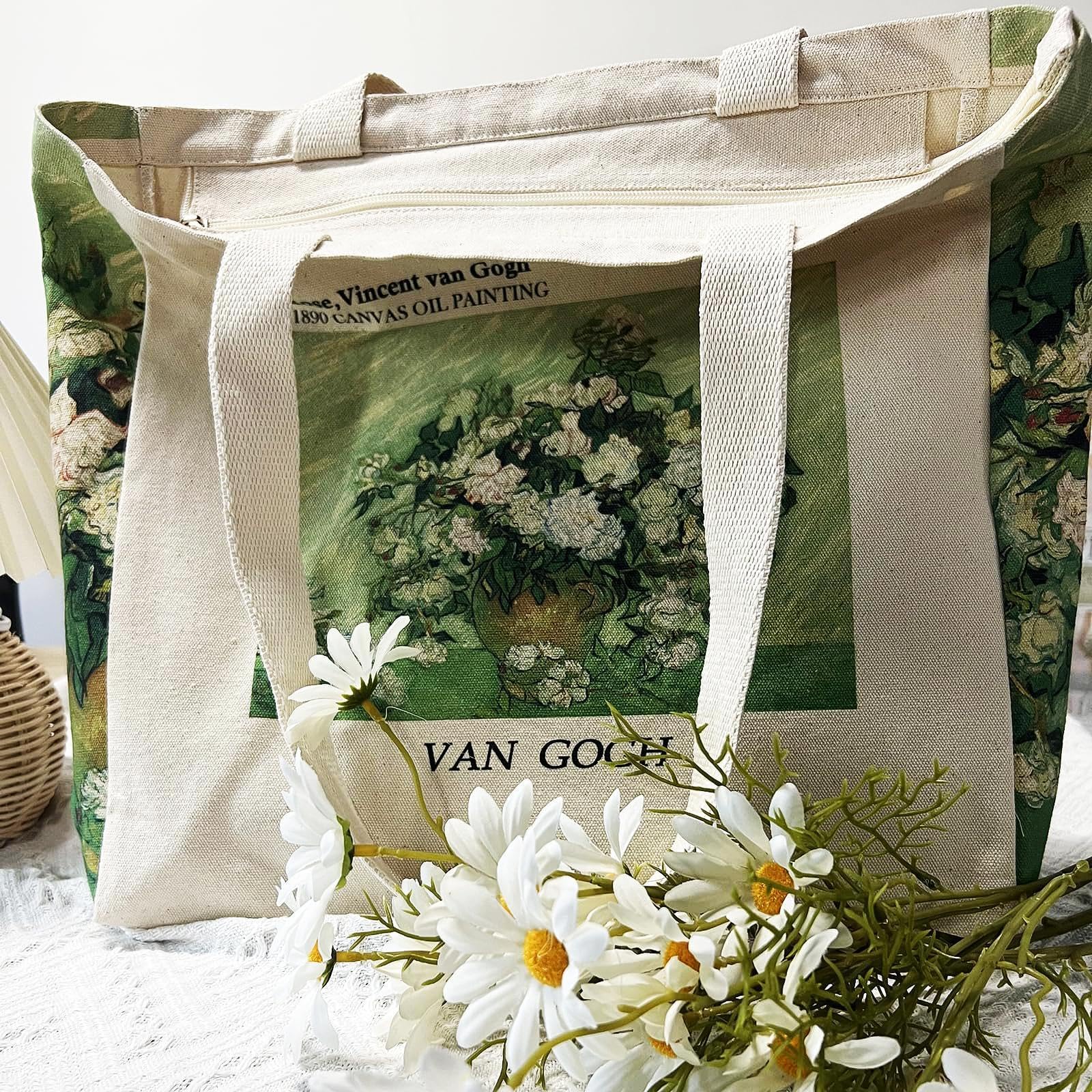 Broadream Canvasaesthetic - Zippered Tote Bag With Interior Pocket By Shoulder For Women Shopping