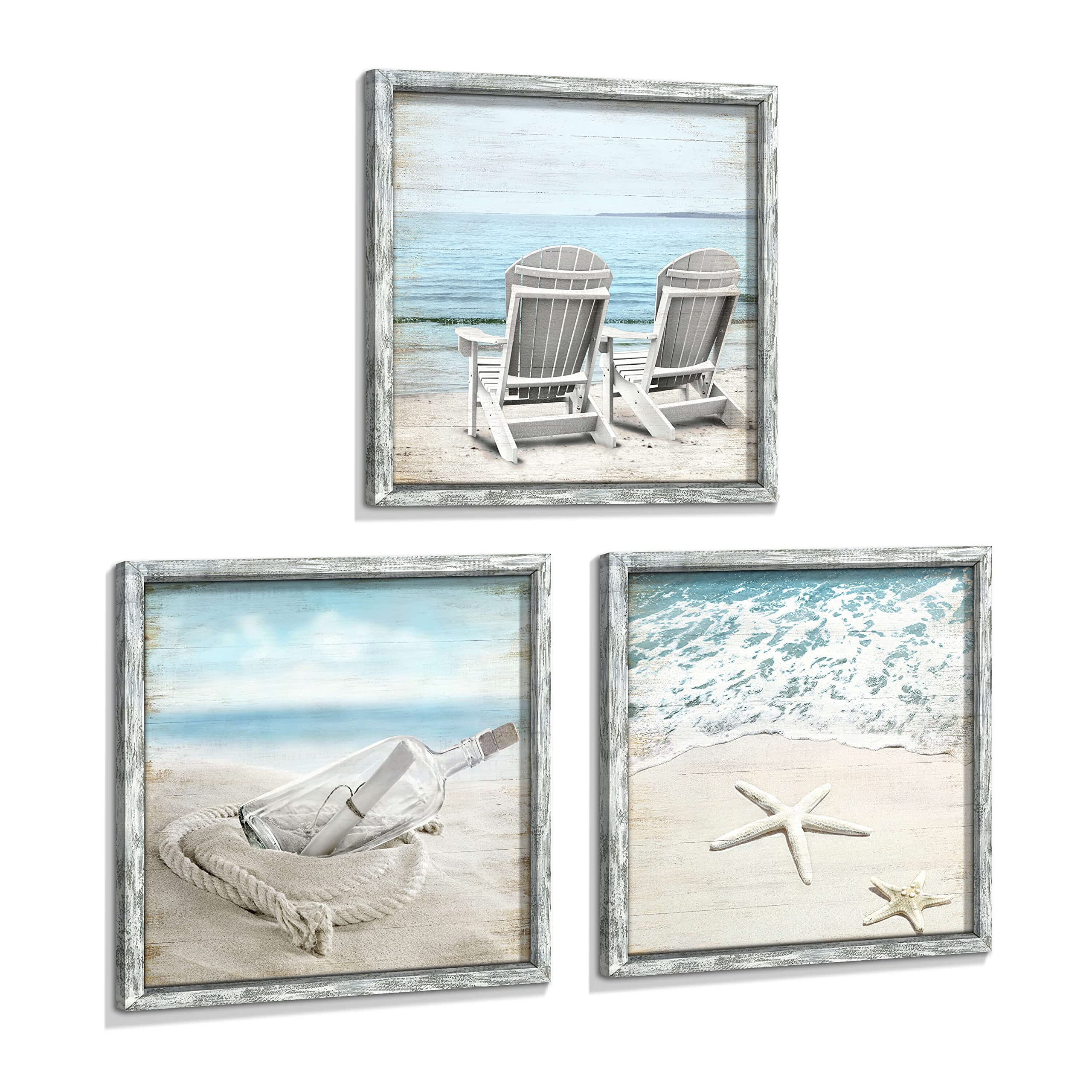Coastal Pictures Framed Wall Artwork: Seascape Wall Decor Set Of 3 Beach Chairs & Drift Bottle Wall Art Starfish Prints On Wood