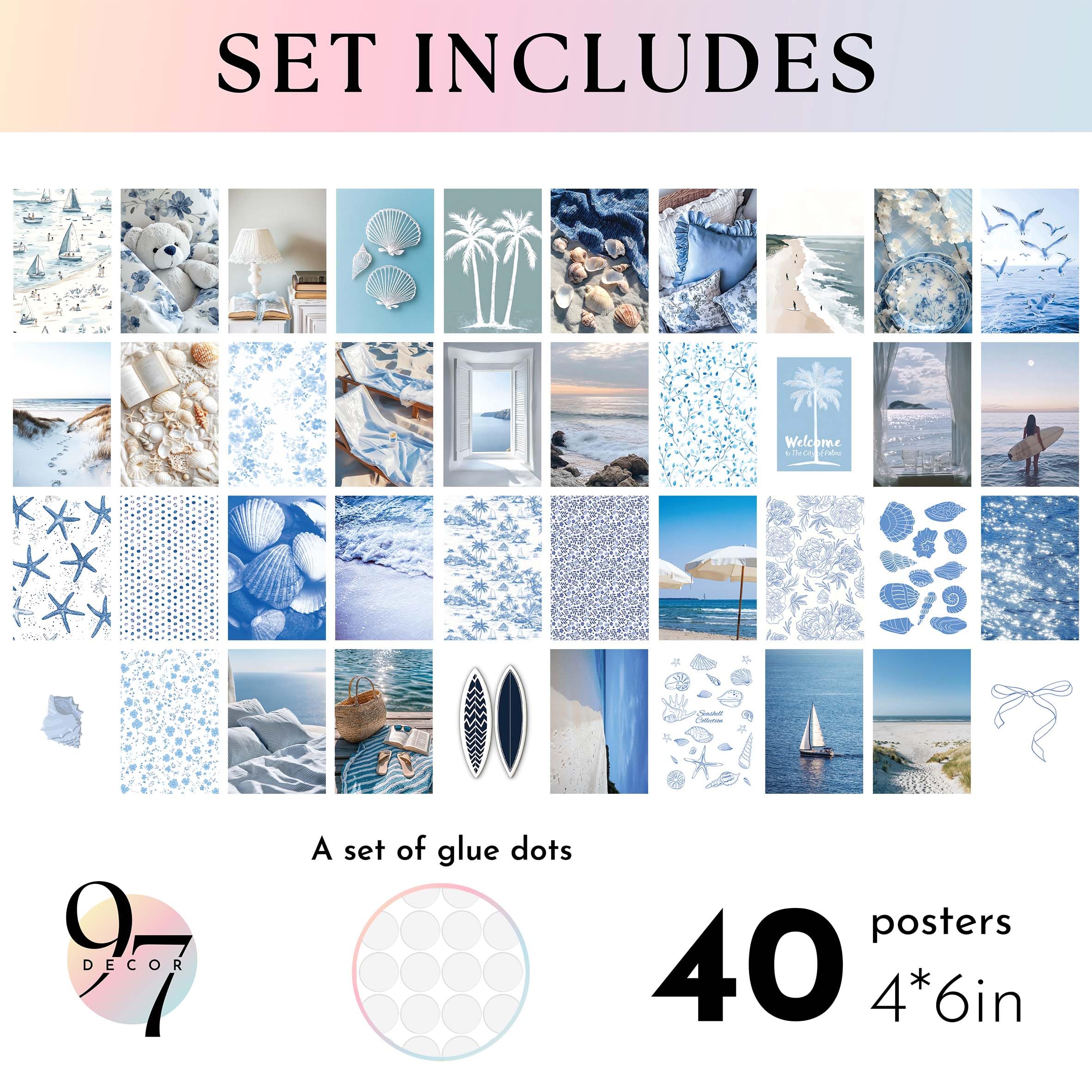 97 Decor Coastal Wall Art Decor - 40 Pcs Blue Coastal Posters For Room Aesthetic, Beachy Collage Ocean Art Prints, Coastal Cowgi