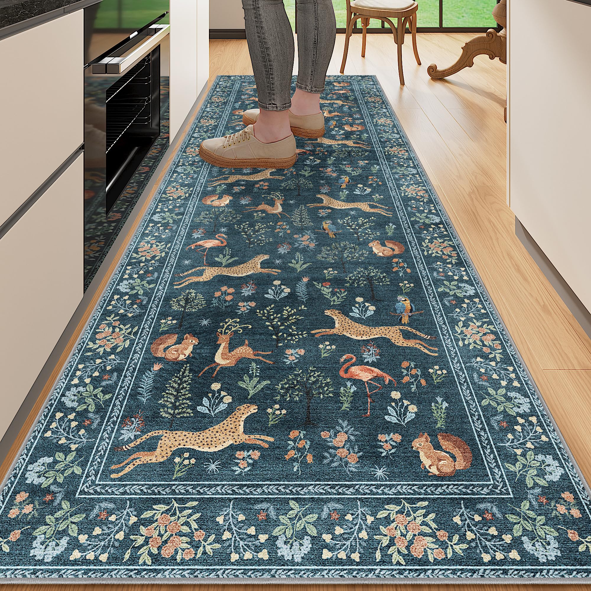 DUKINO 2.6x8 Rug for Hallway, Washable Kitchen Runner Rug with Non Slip Backing, Soft Low Pile Vintage Animal Runner for Bedroom