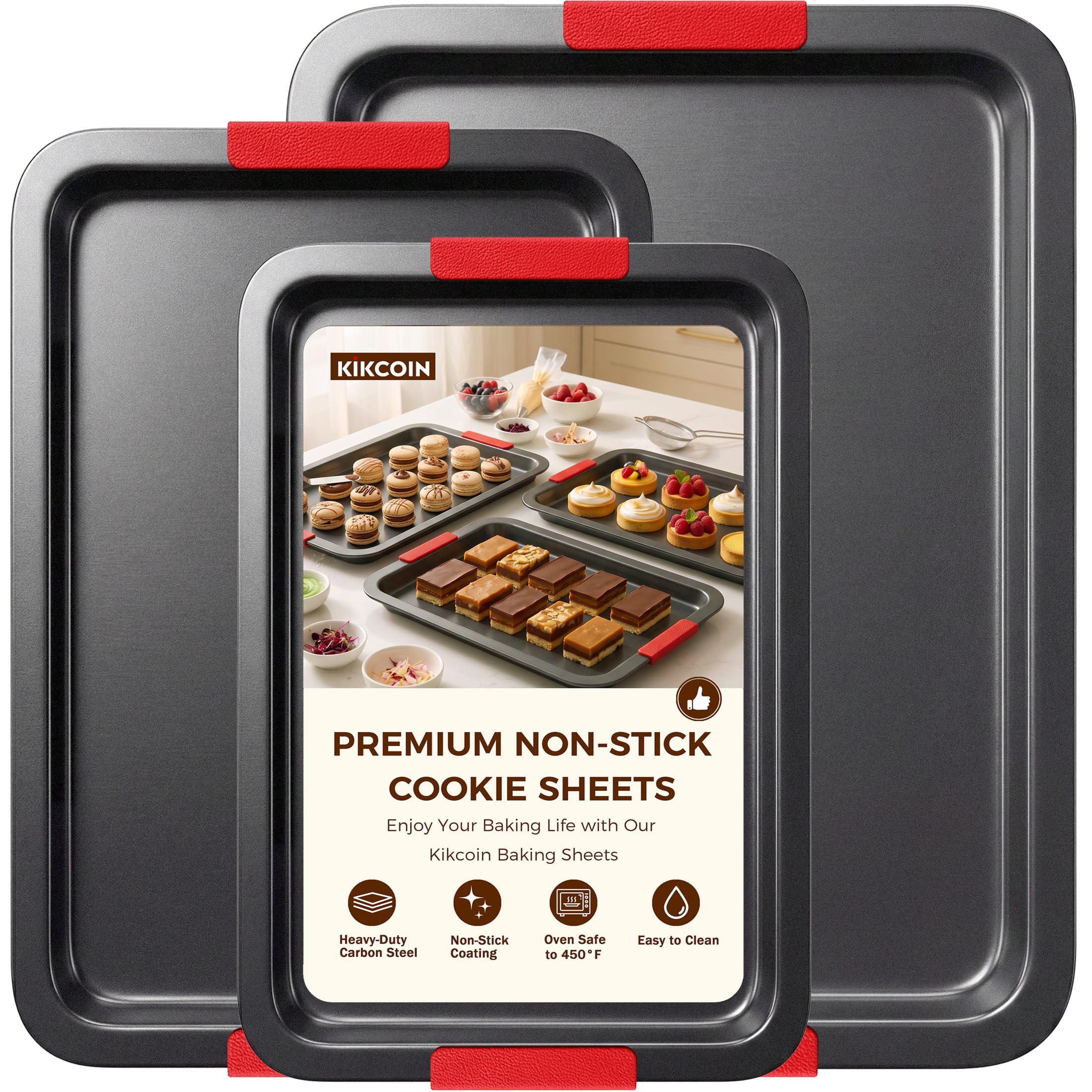 Kikcoin Nonstick Cookie Sheets for Baking Set of 3, Carbon Steel Sheet Pans with Lychee Silicone Handles, 2X Thick Ceramic Coati