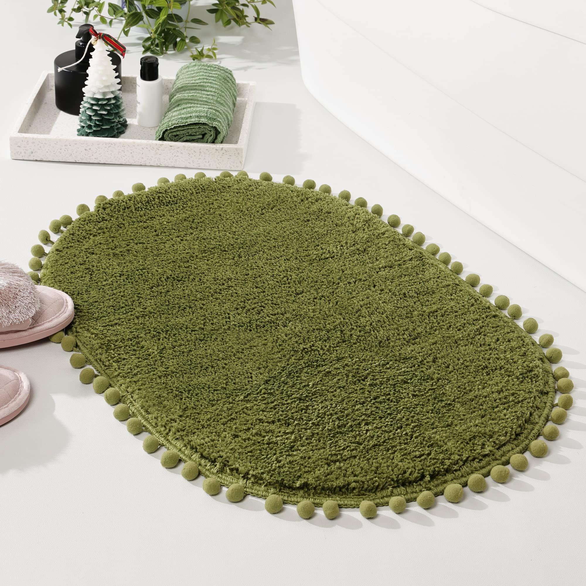 Yirddeo Olive Green Pom Bath Rug For Bathroom Non Slip, Cute Boho Pom Oval Absorbent Shower Mat, Plush Soft Washable Rug (20X30