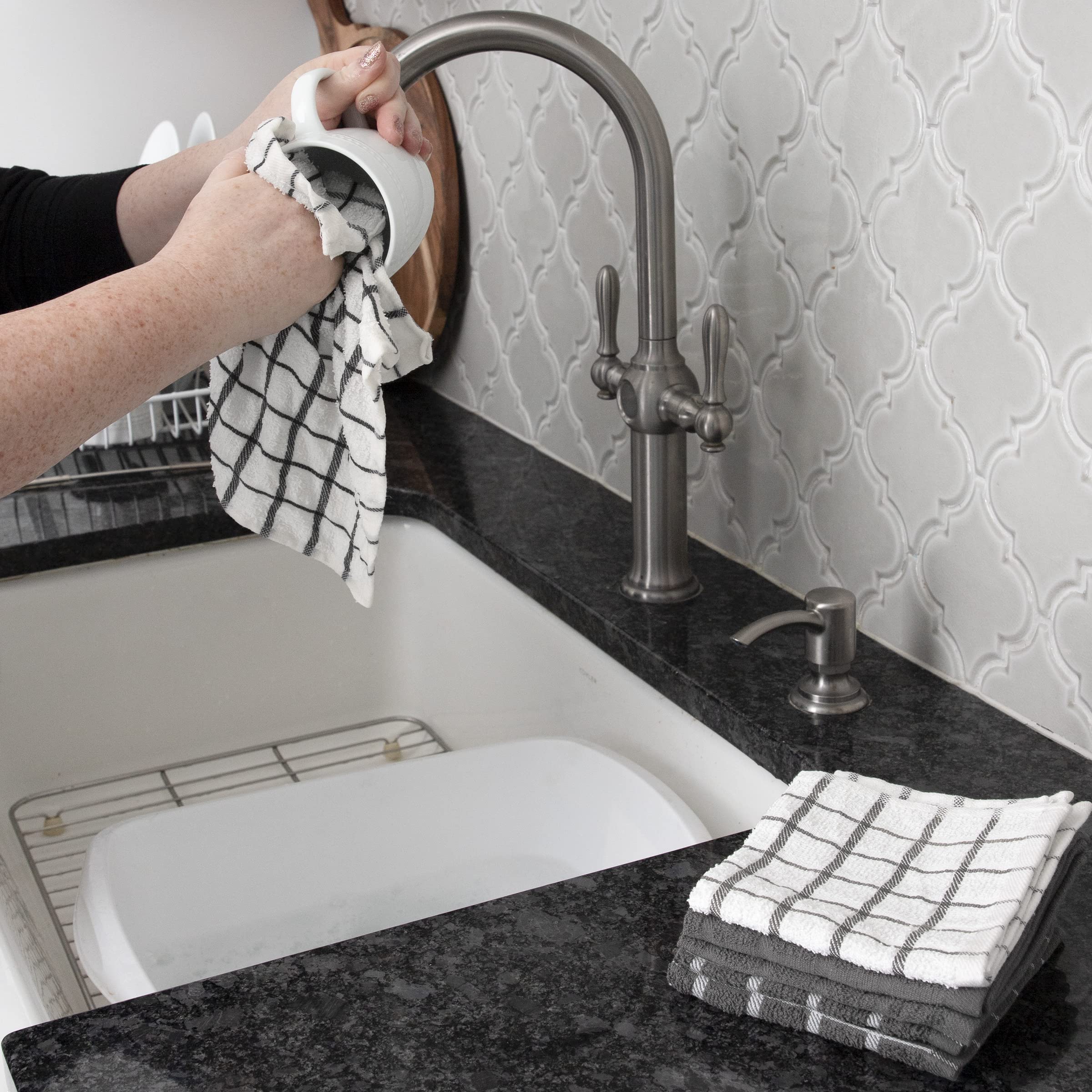 Ritz Terry Check Dish Cloth Set: Highly Absorbent & Super Soft - 100% Cotton, Durable Kitchen Cleaning Cloths For Wiping Tables