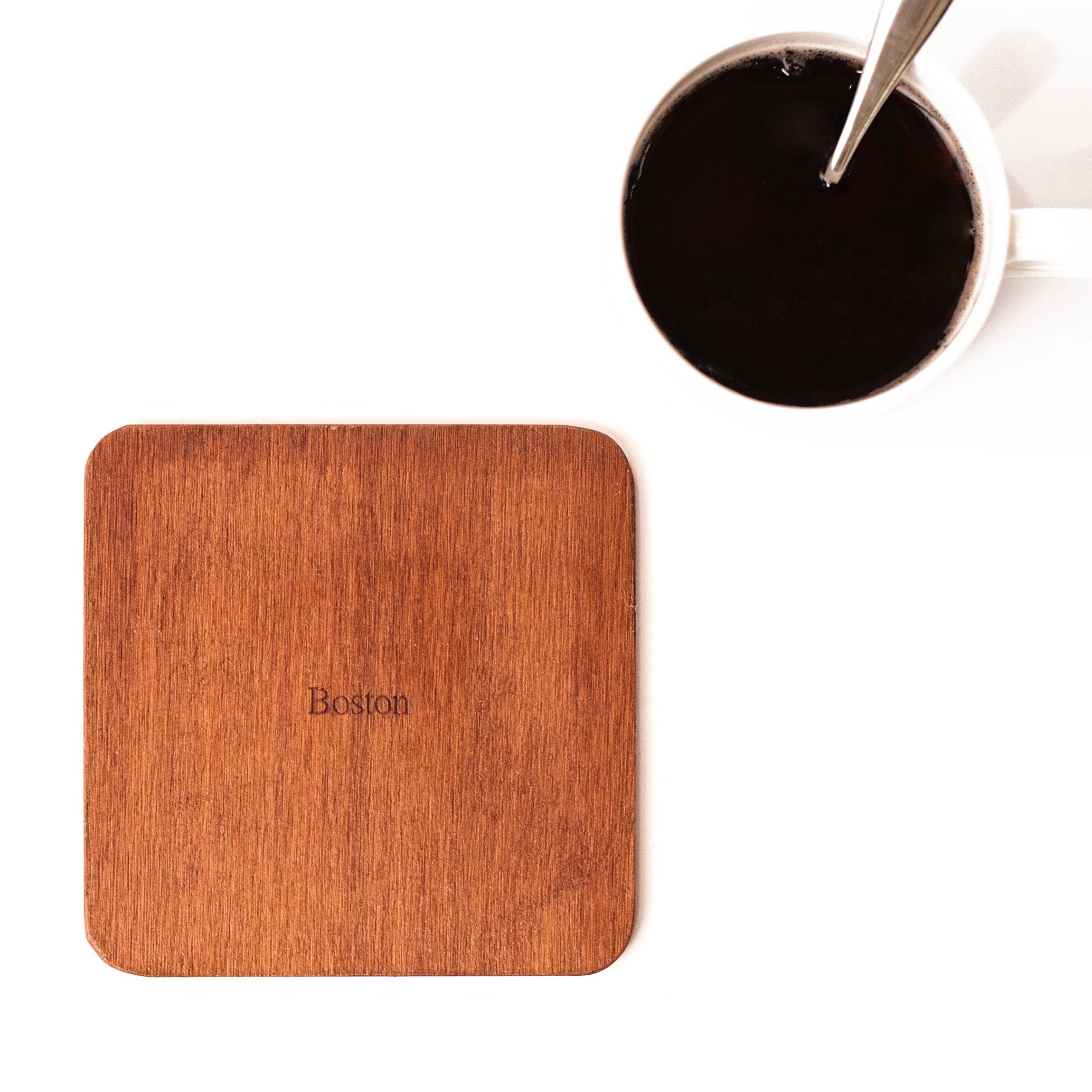 Boston Map Coaster by O3 Design Studio  Set Of 4  Sapele Wooden Coaster With City Map  Handmade