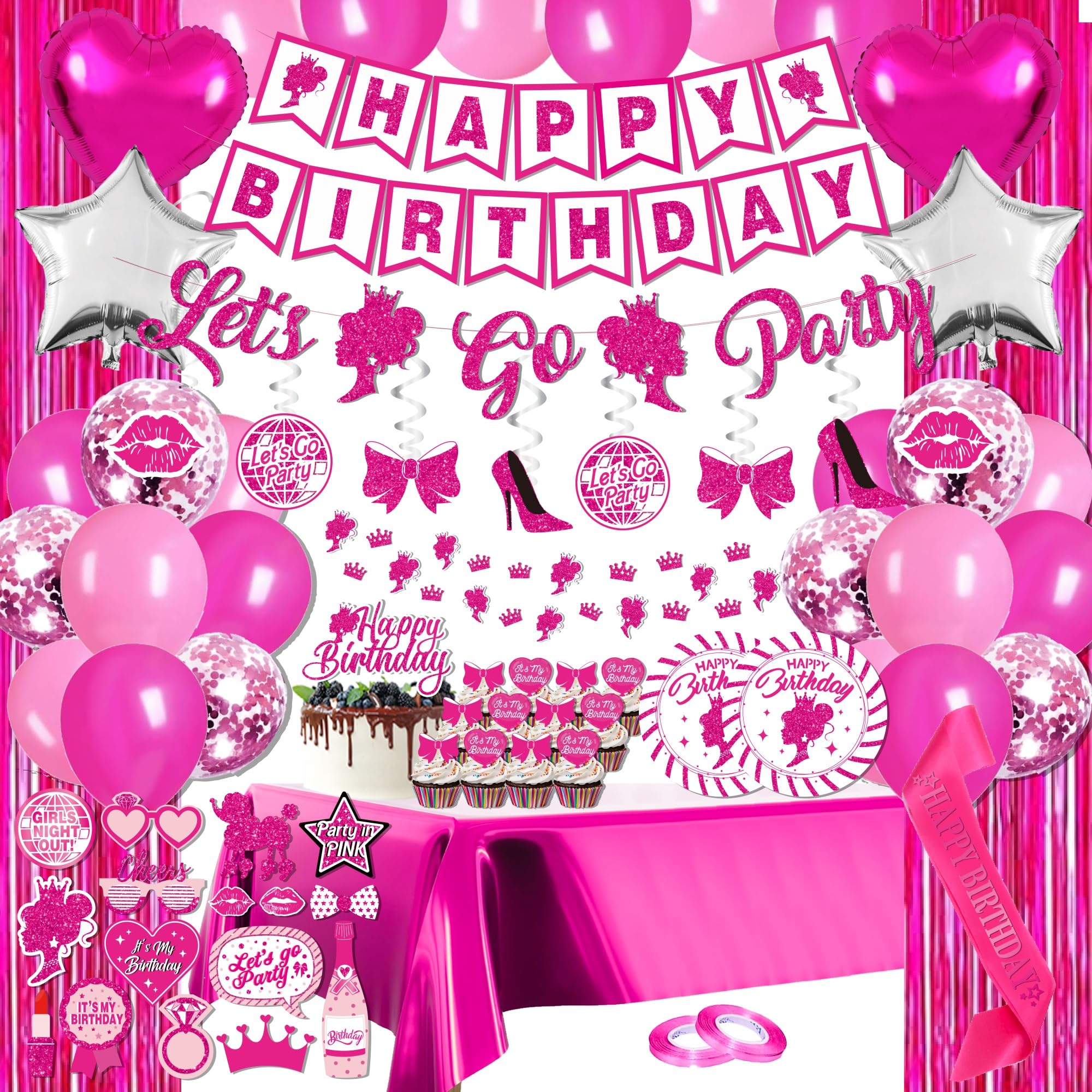 Pink Birthday Party Decorations For Girls - (Total 85Pcs) Pink Glitter Happy Birthday Banner For Her, Hanging Swirl, Foil Backdr