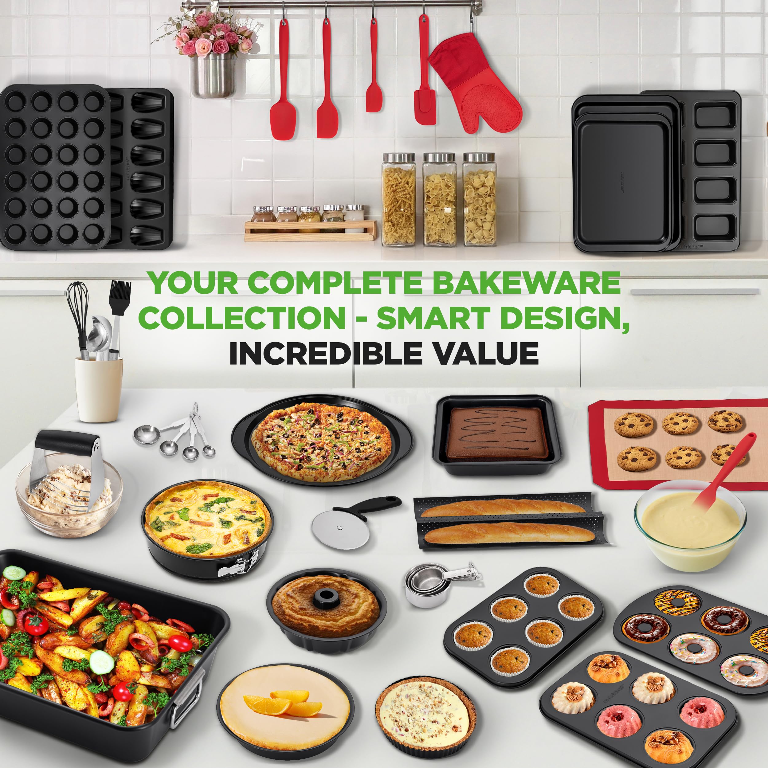 NutriChef 42-Piece Ultimate Nonstick Bakeware Set - Carbon Steel Baking Pans, Everyday Baking Tools, Oven Mitts, & More - Ideal