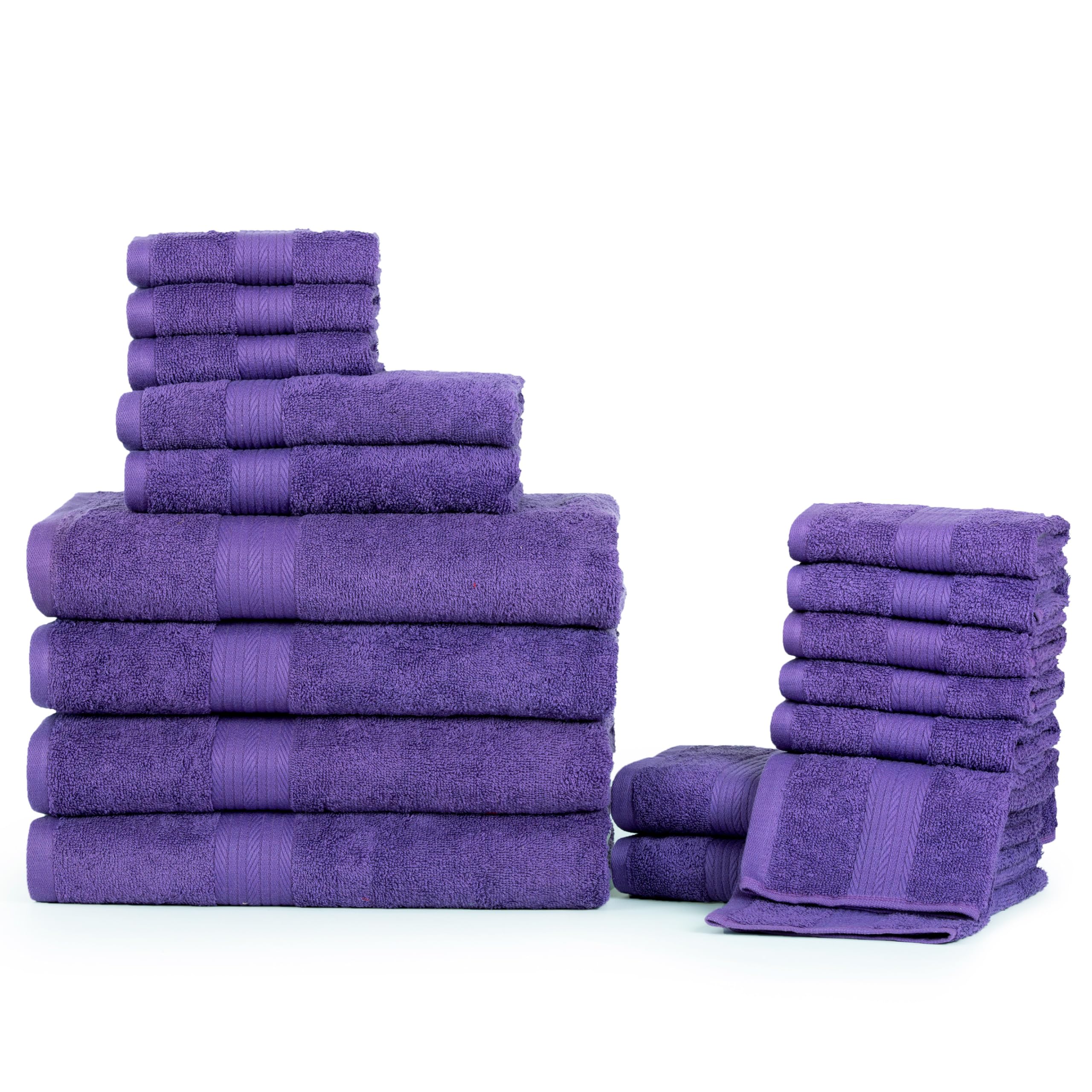 Ample Decor Bathroom Towel Set of 18-4 Hand Towel  4 Bath Towel  10 Wash Cloths - Oeko Tex Certified 600 GSM 100% Cotton - High Absorbency Quick Drying  Ideal for Gifting - Purple