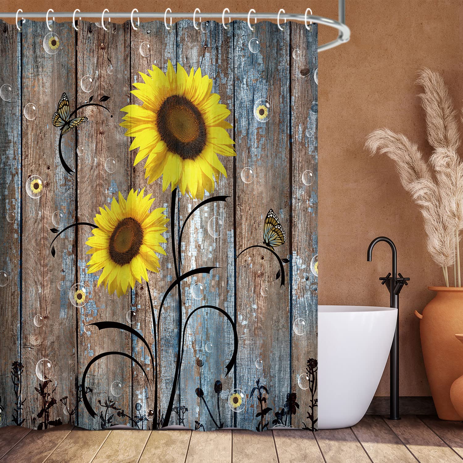 Rosielily Sunflower Shower Curtain, Country Shower Curtain, Rustic Yellow Floral On Brown Door Fall Autumn Farmhouse 72W X 72H I