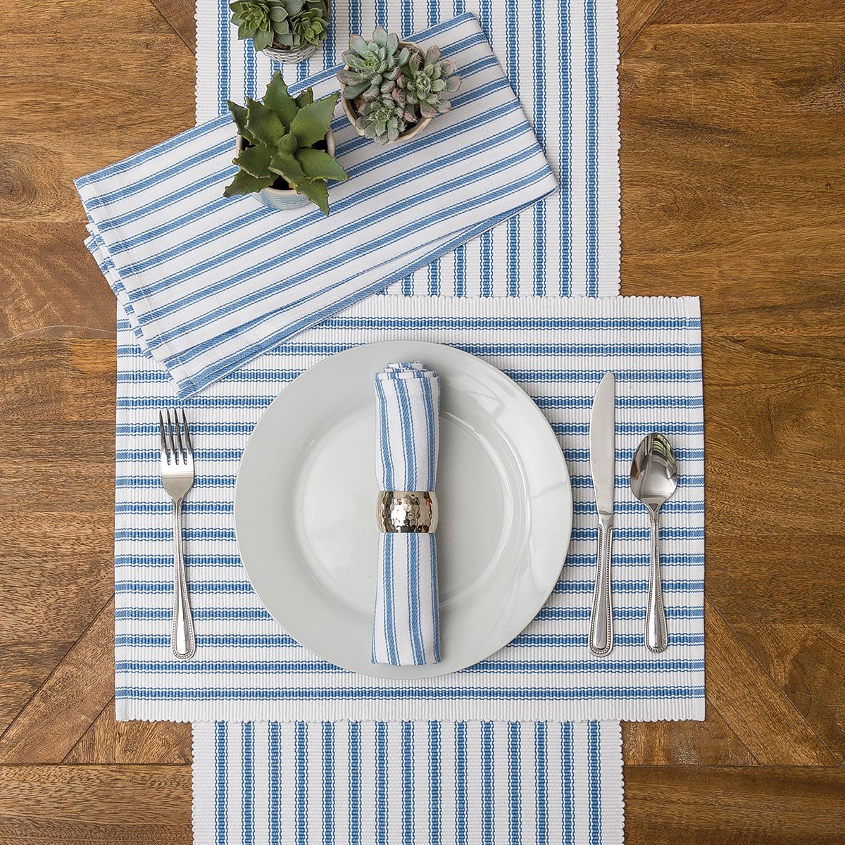C&F Home Ticking Stripe Cornflower Cotton Reversible Machine Washable Placemat Set Of 6 Rectangular Placemat Set Of 6 Blue