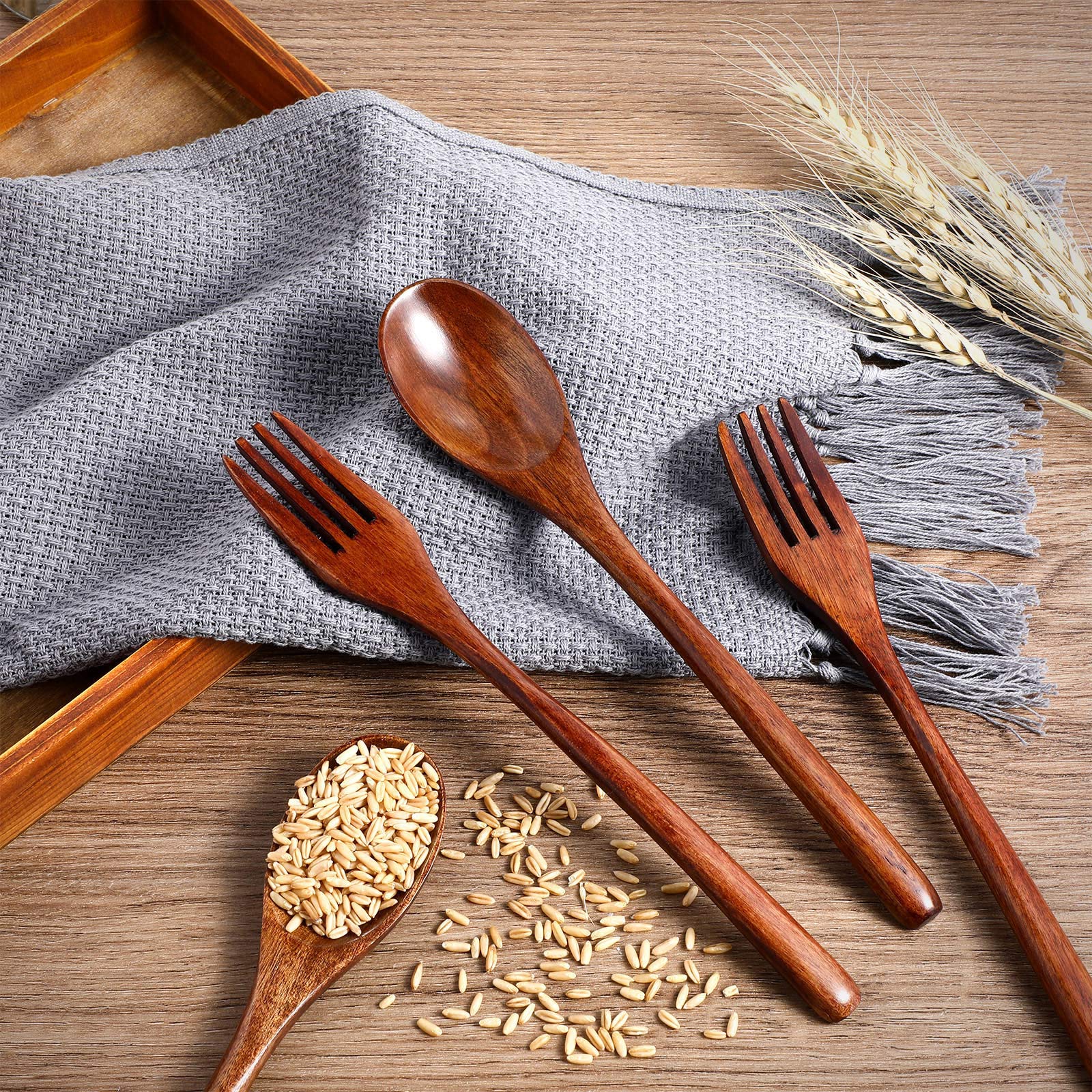 Patelai Wooden Spoons Forks Set Wood Dinner Utensil Set Reusable Flatware Tableware Set Handmade Natural Cutlery Set Includes Wo