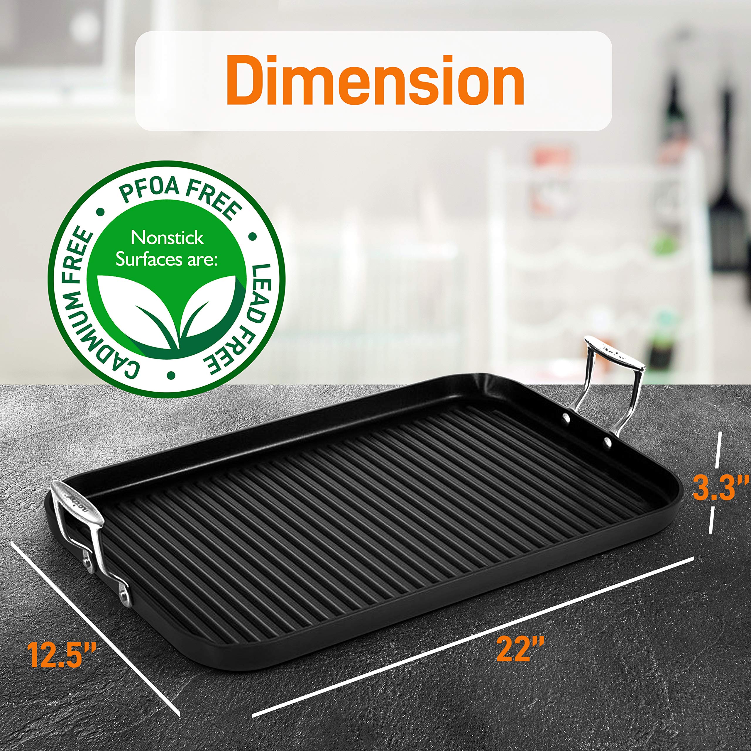 Nutrichef 20''X13'' Stove Top Grill Pan - Double Burner, Hard-Anodized Non Stick Grill & Griddle Pan