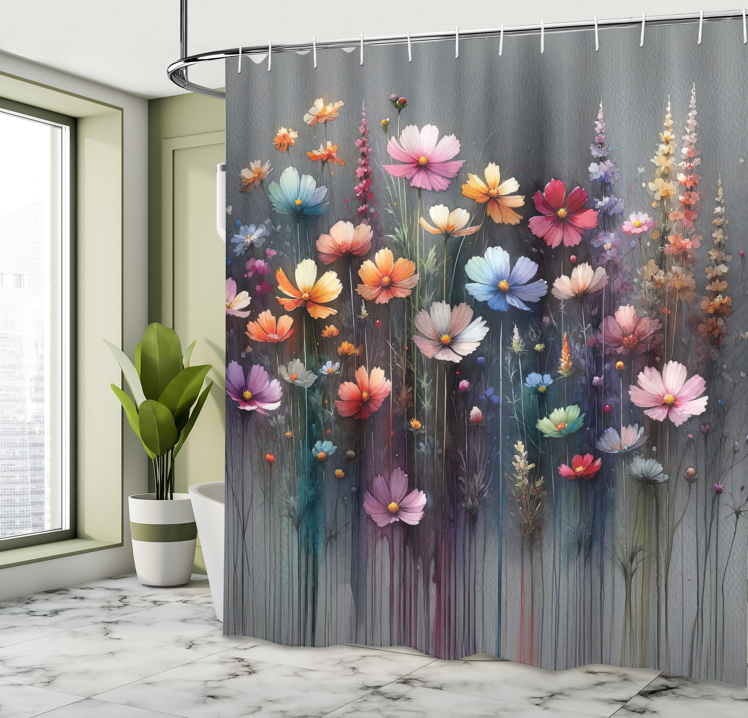 Ambesonne Floral Shower Curtain, Melancholic Bohemian Garden Composition With Abstract Lines Flowery Dream, Cloth Fabric Bathroo
