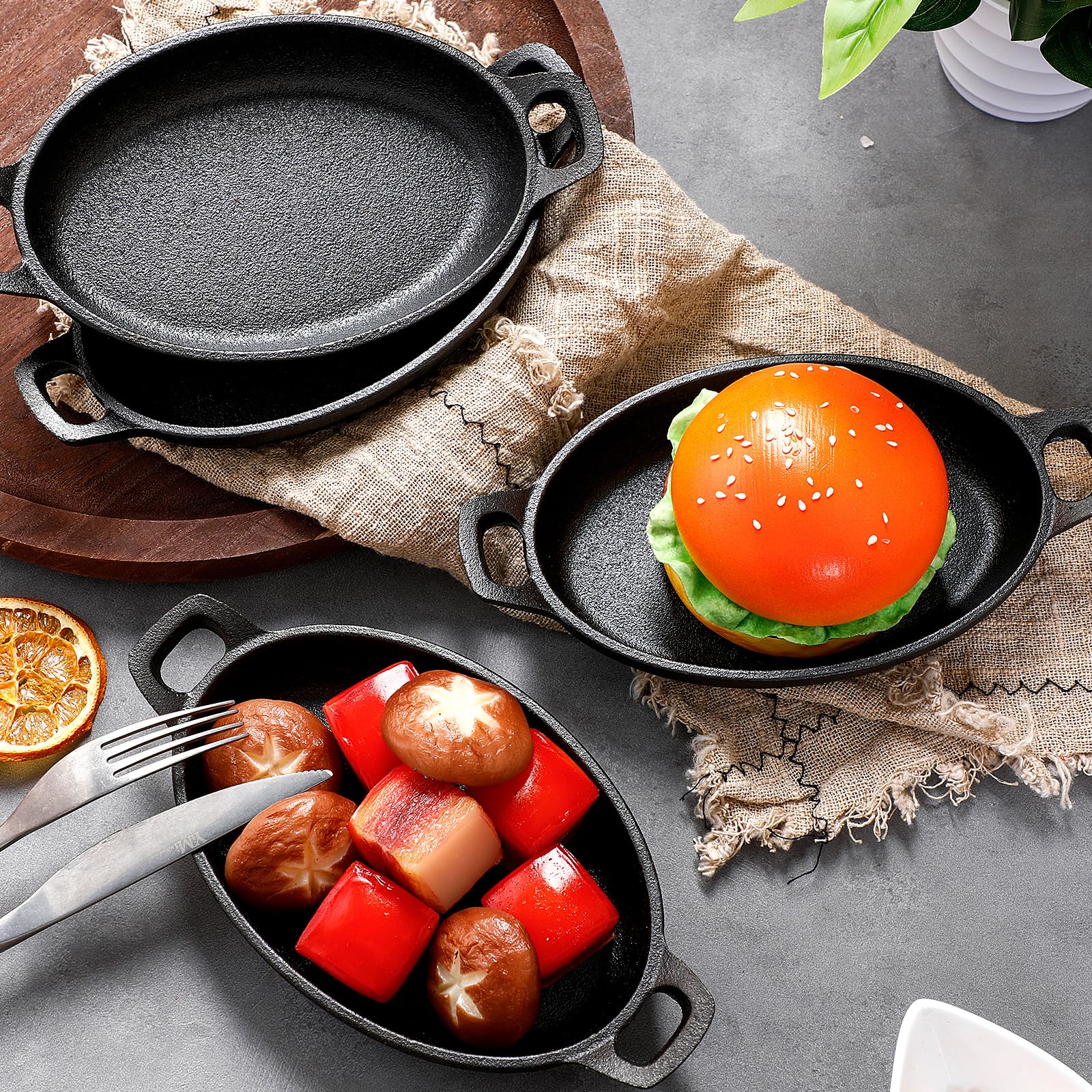Mifoci 8 Pcs 16 Oz 8.7'' X 4.7'' Oval Serving Dish Mini Cast Iron Skillet Cast Iron Baking Pan Sizzling Plate Matte Black Gratin