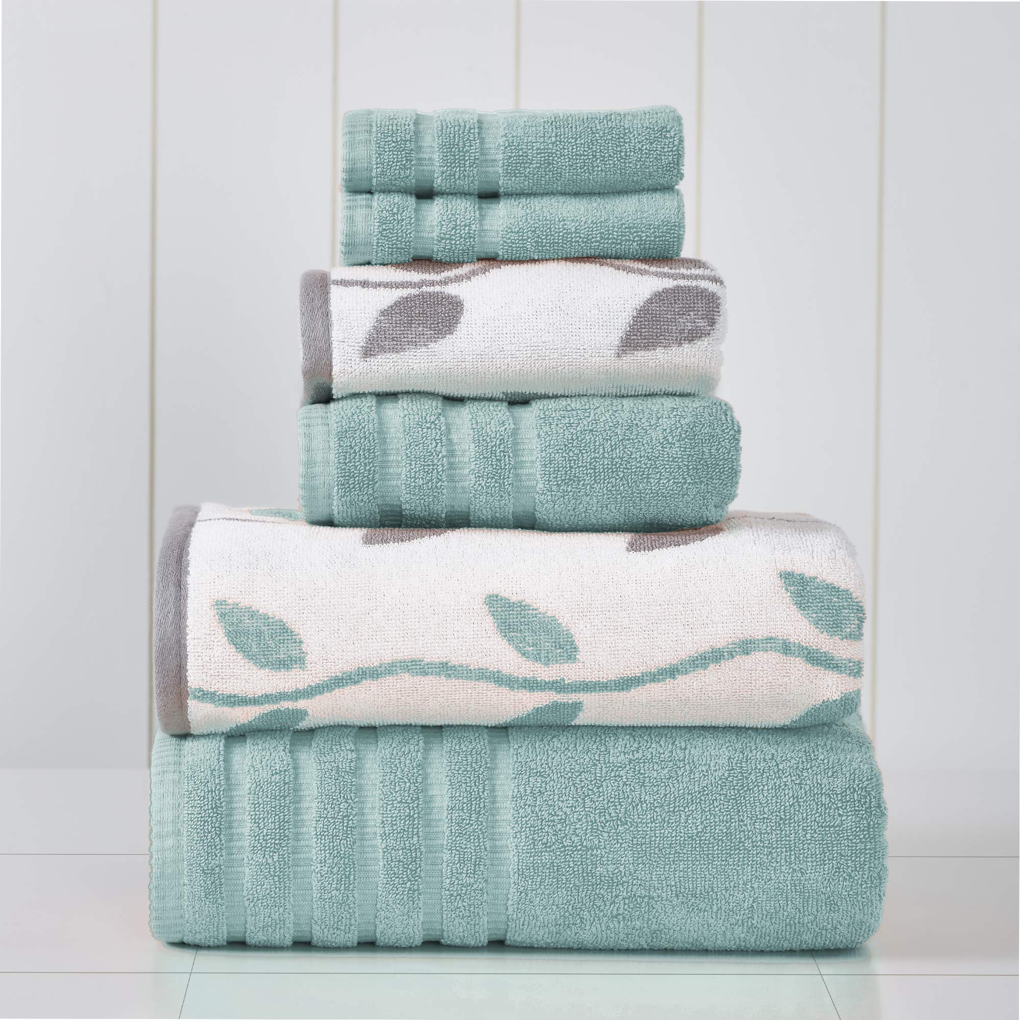 Amrapur Overseas 6-Piece Yarn Dyed Organic Vines Jacquard/Solid Ultra Soft 500Gsm 100% Combed Cotton Towel Set [Aqua]