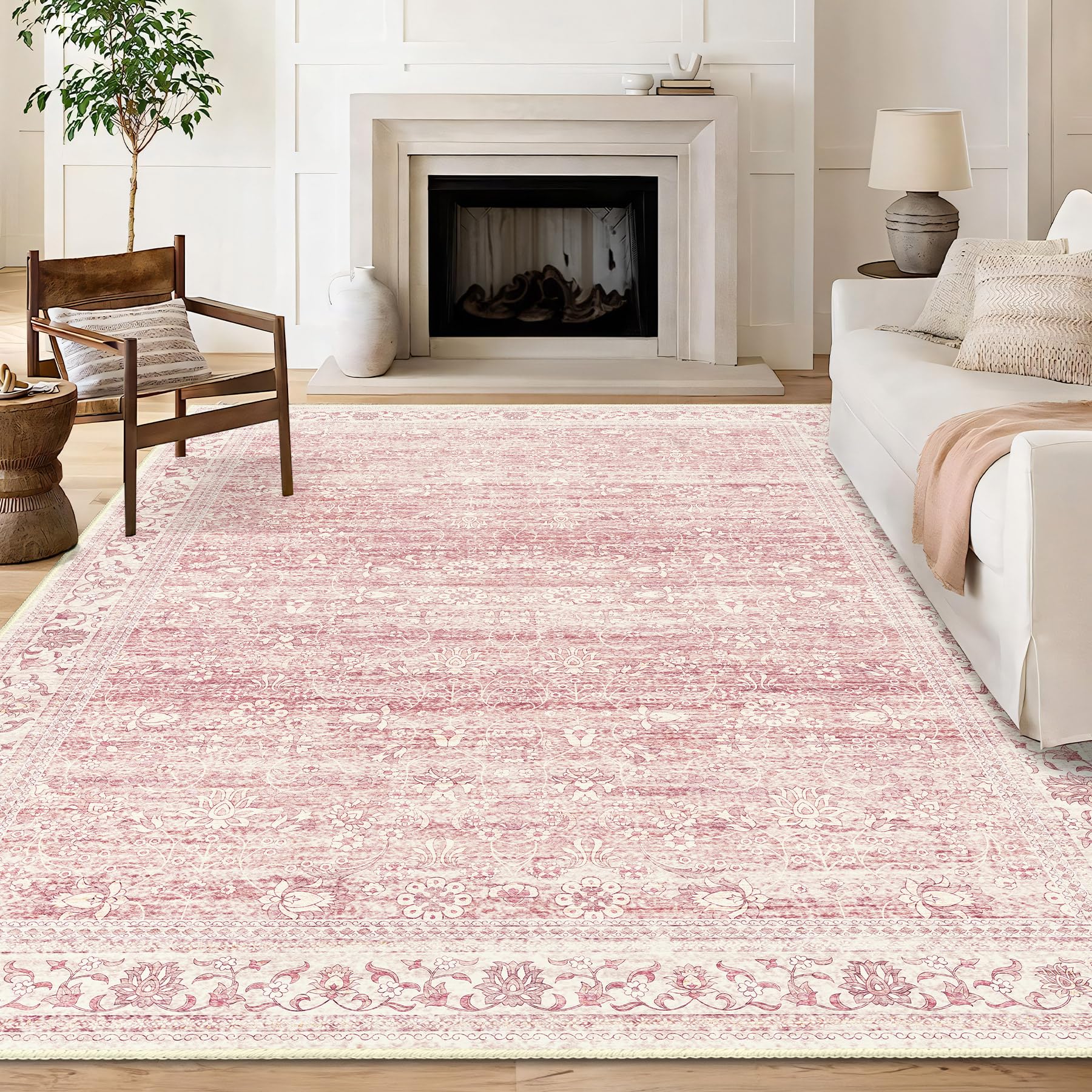Brakki Area Rugs 5x7, Pink Washable Rugs for Living Room Bedroom Dining Room Kitchen, Ultra Thin Soft Boho Rug Non Slip, Vintage