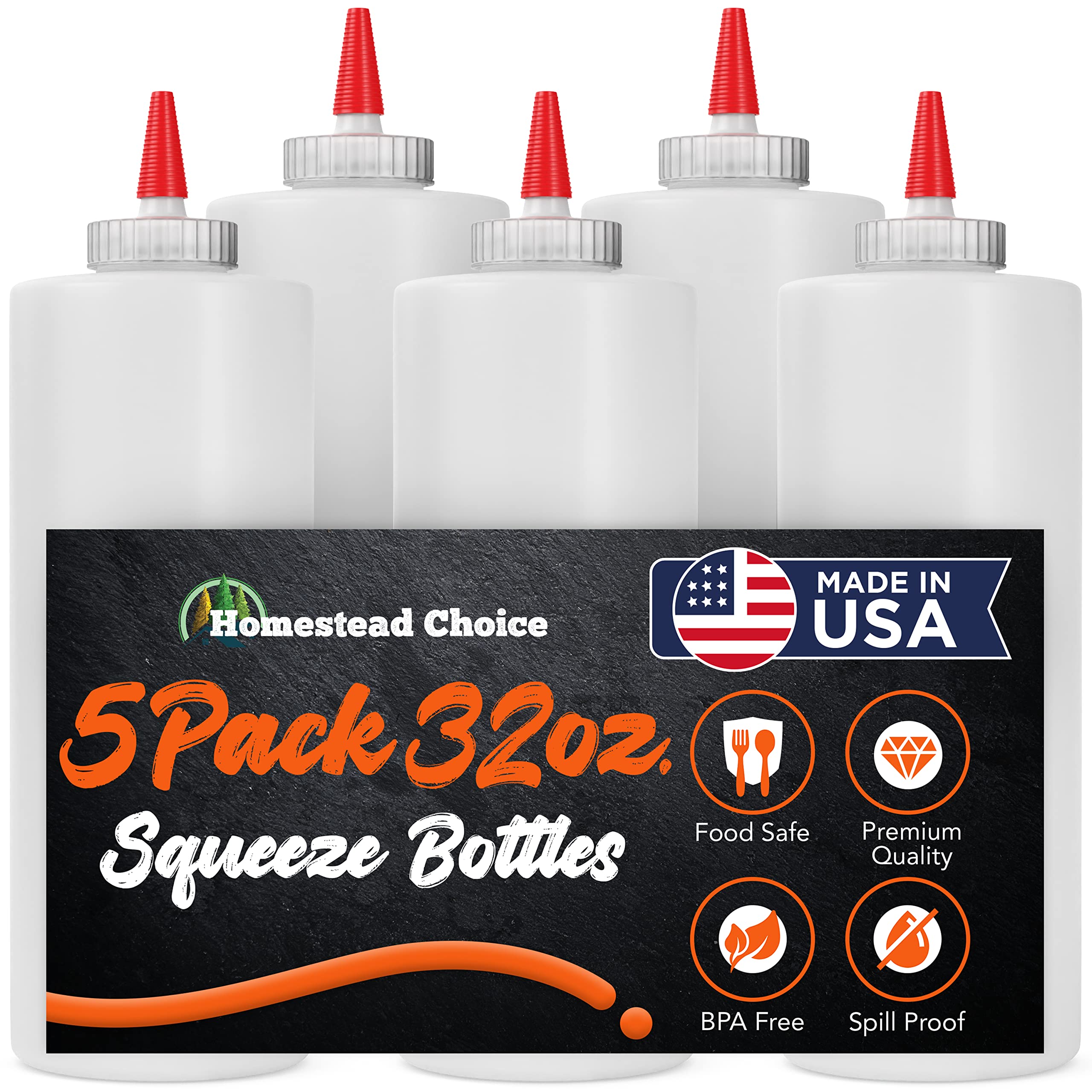 5-Pack Plastic Squeeze Bottles For Sauces - 32 Oz Condiment Squeeze Bottles For Liquids - Made In Usa - Bpa Free Squirt Bottles