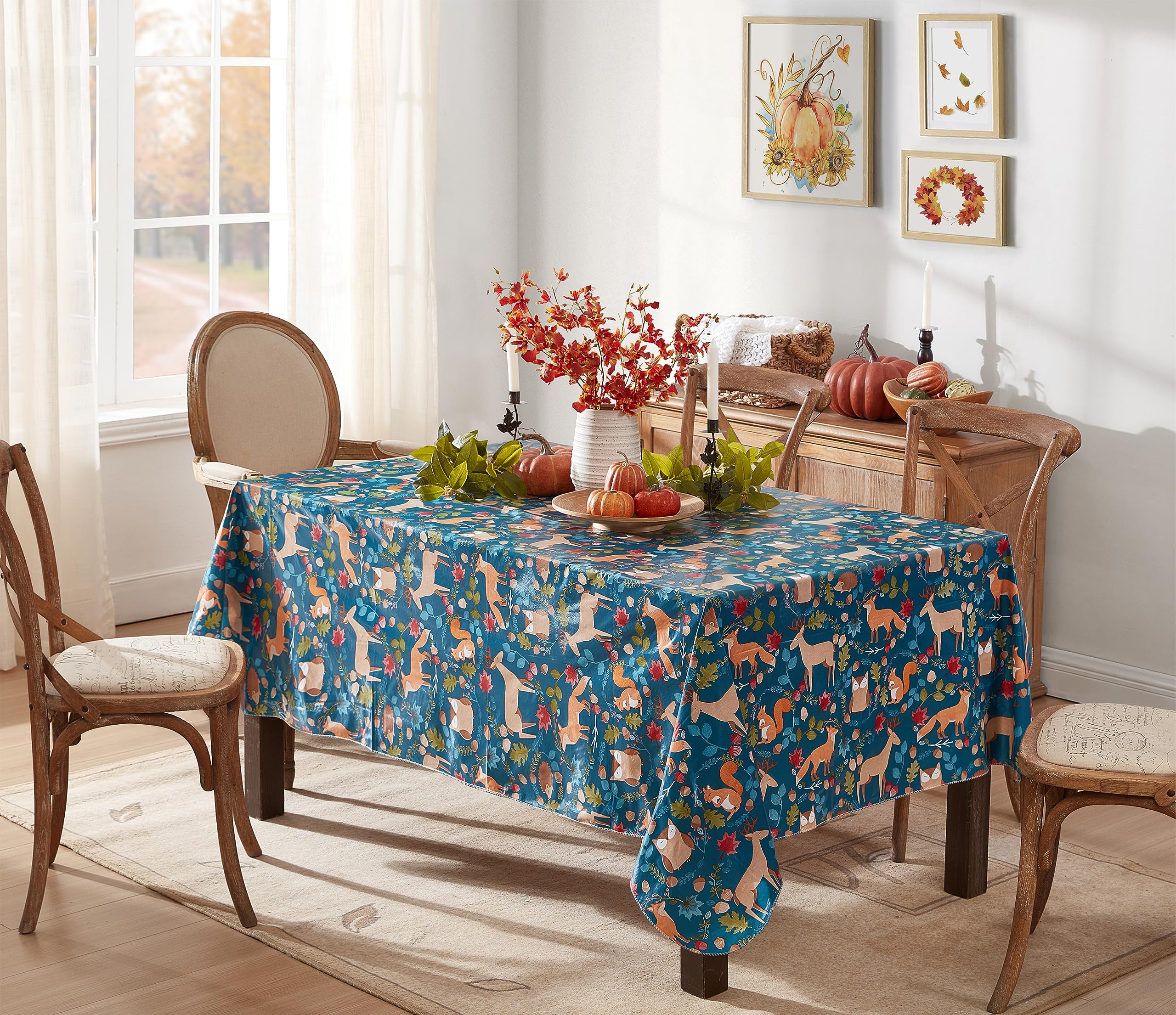 Newbridge Thanksgiving Woodland Critters 60 X 102 Inch Rectangle Vinyl Tablecloth With Flannel Backing, Squirrels, Deer And Owl