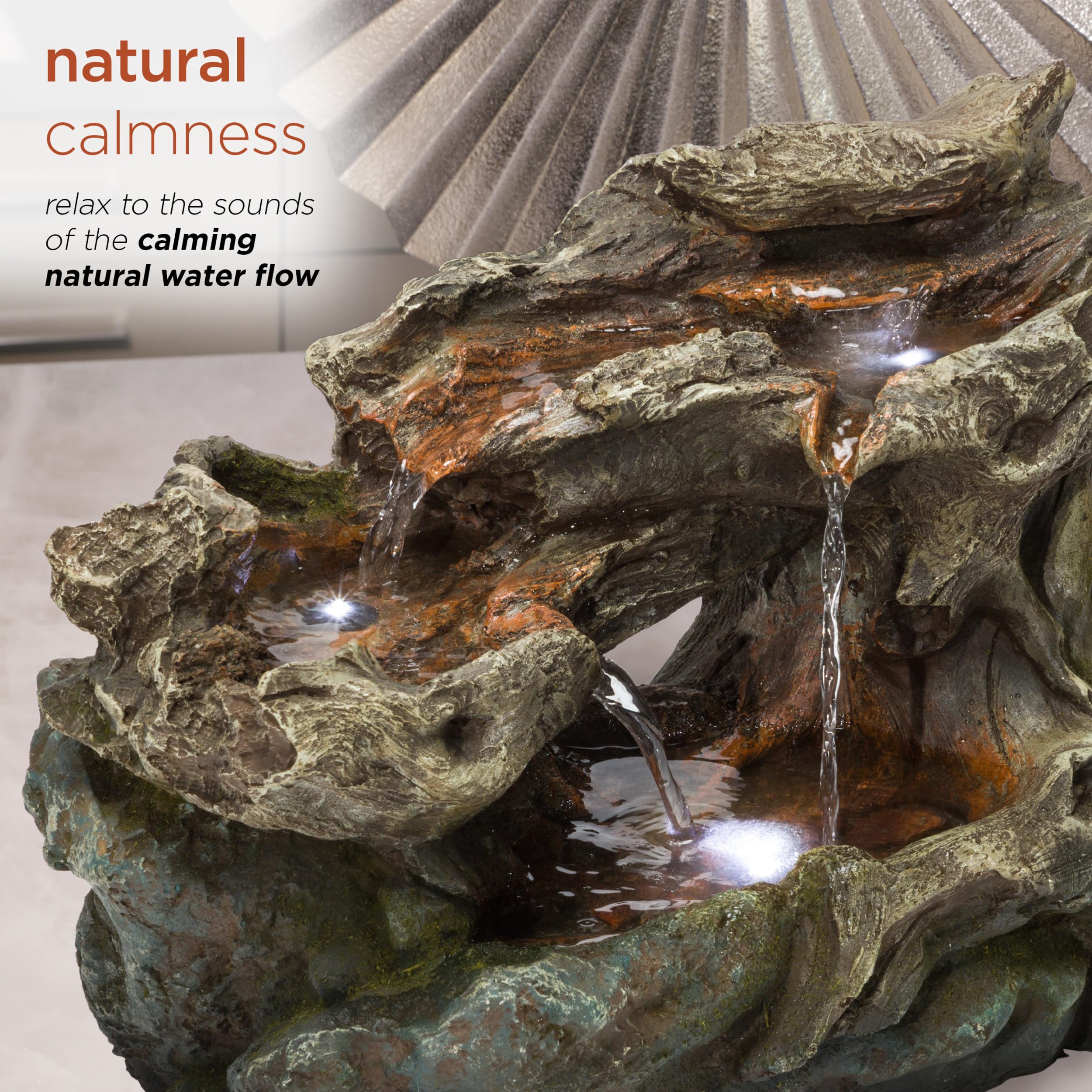 Alpine Corporation WIN1334 10 Tall Tabletop 3-Tier Waterfall Rock Fountain with LED Lights, Indoor Decorative Water Feature for