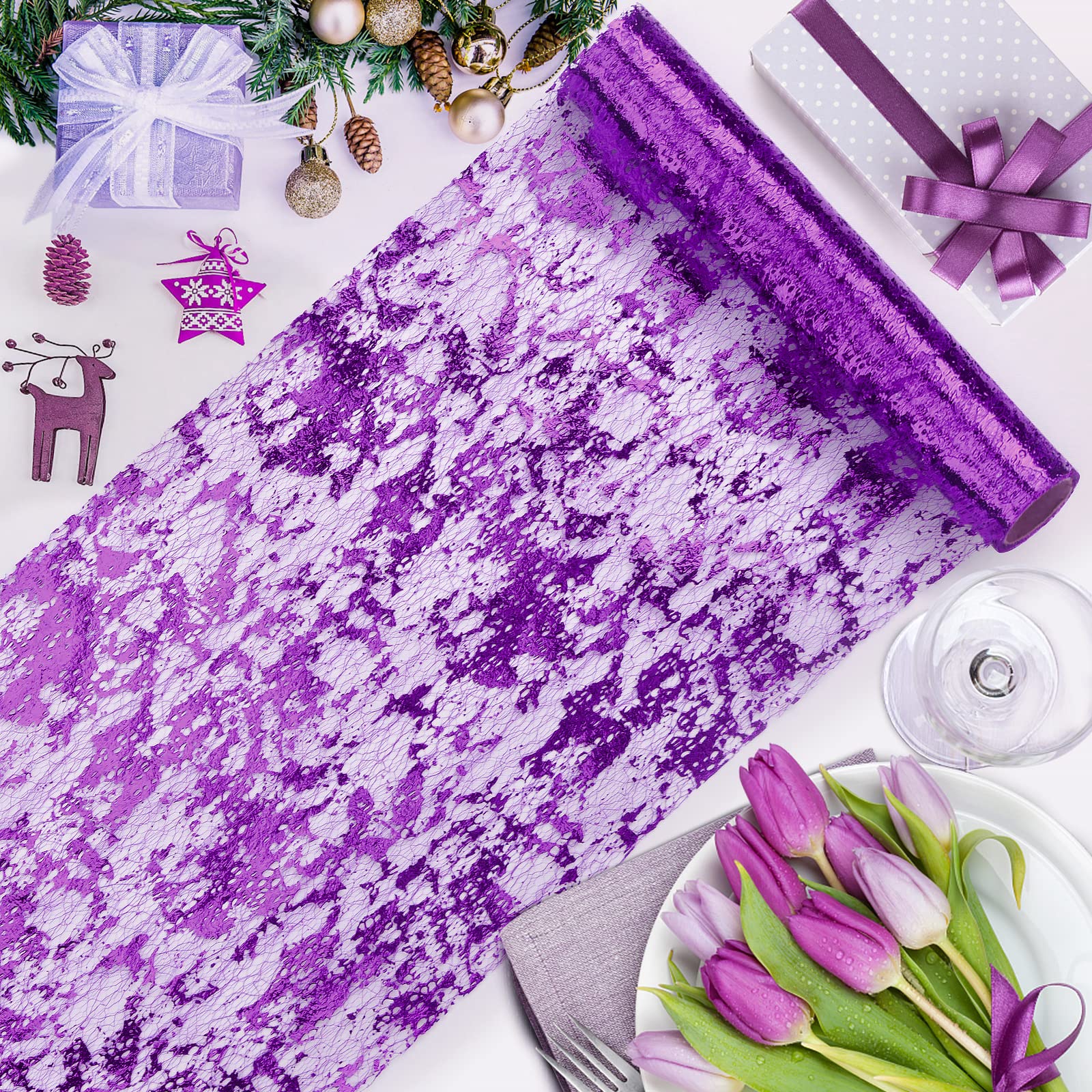 Tiosggd Purple Table Runner 11 Inch X 16 Feet, Metallic Sequin Glitter Foil Mesh Table Runners Roll, Centerpiece Table Decoratio