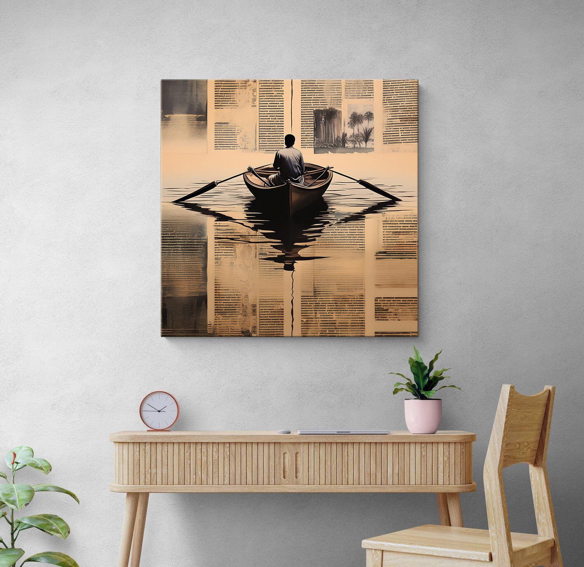 999Store Solitary Voyage: A Thoughtful Rowing Boat Canvas Painting Reflecting Artistic Introspection, Perfect For Symbolic Journ