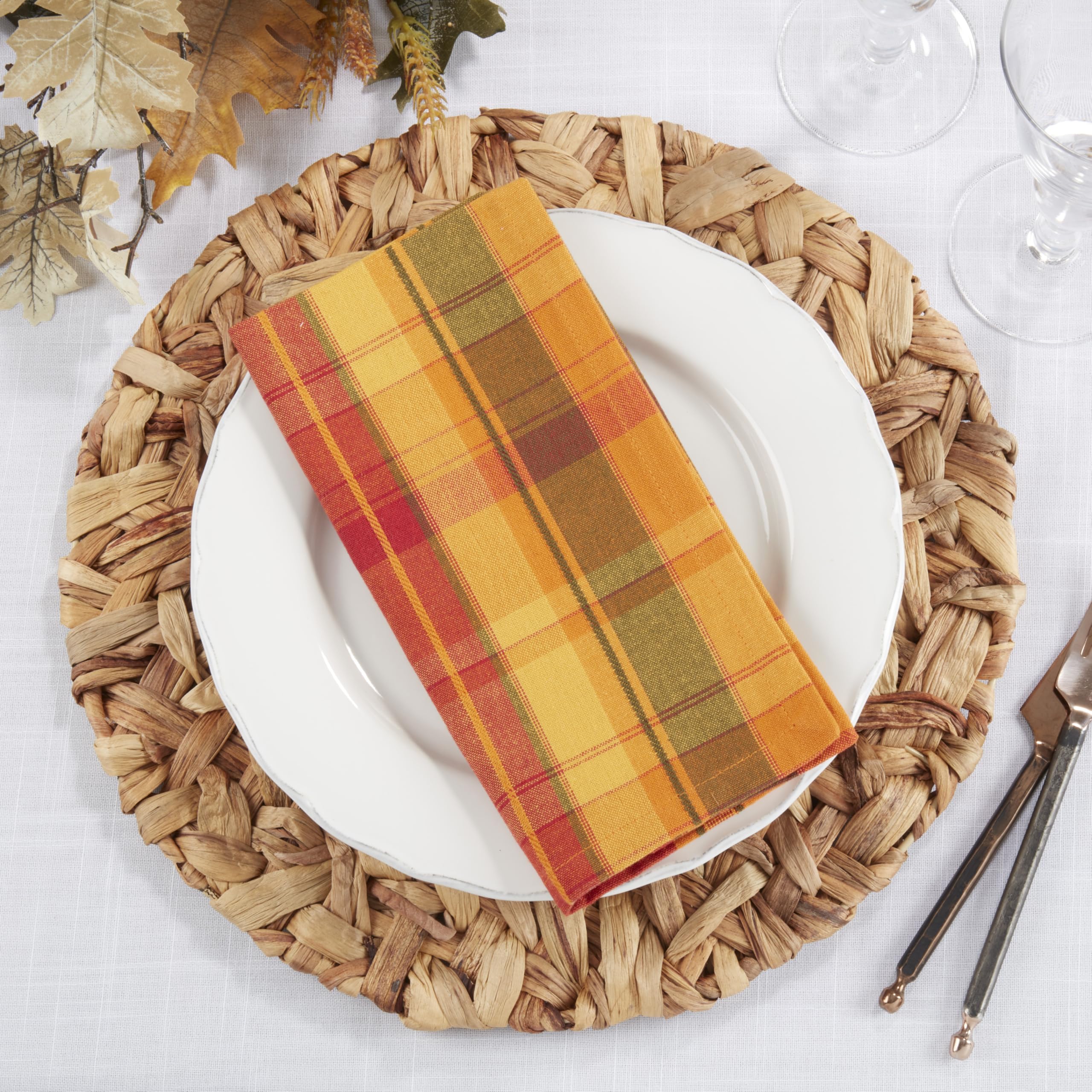Terracotta Orange Holiday Harvest Plaid Design Cotton Napkin. 20'' Square. (4 Piece Set)