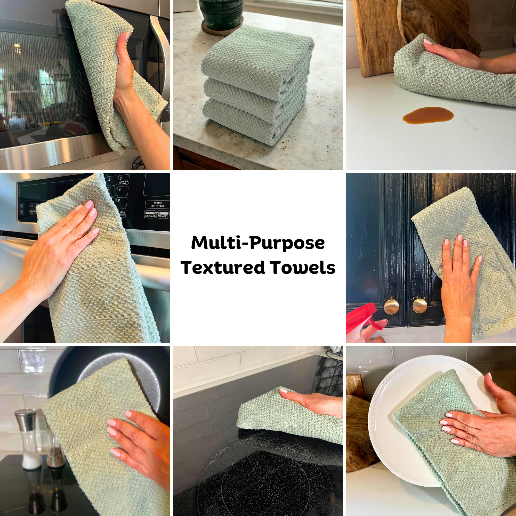 Sage Green Kitchen Dish Towels: 100% Cotton Cloth Soft Cleaning Drying Absorbent Textured Terry Loop, Set Of 3 Multipurpose For