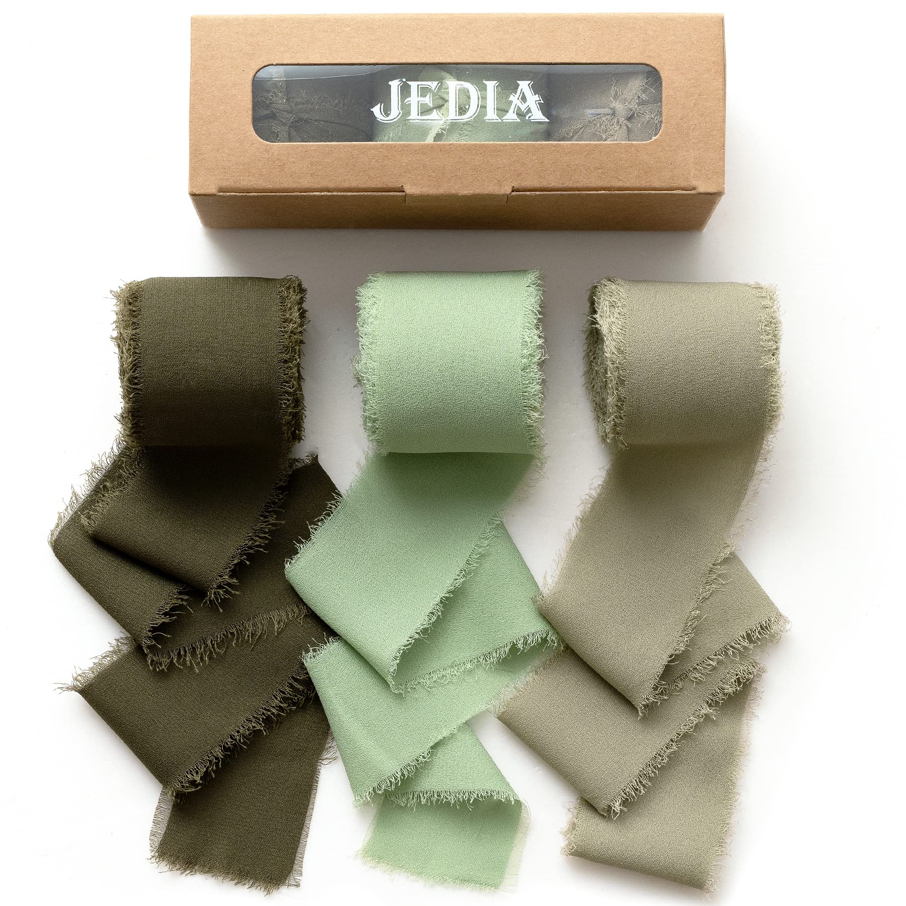 Jedia Chiffon Ribbon, 3 Rolls Sage Green Handmade Fringe Chiffon Silk Ribbons, 15 X 7Yd Ribbon Set For Gift Wrapping, Wedding In